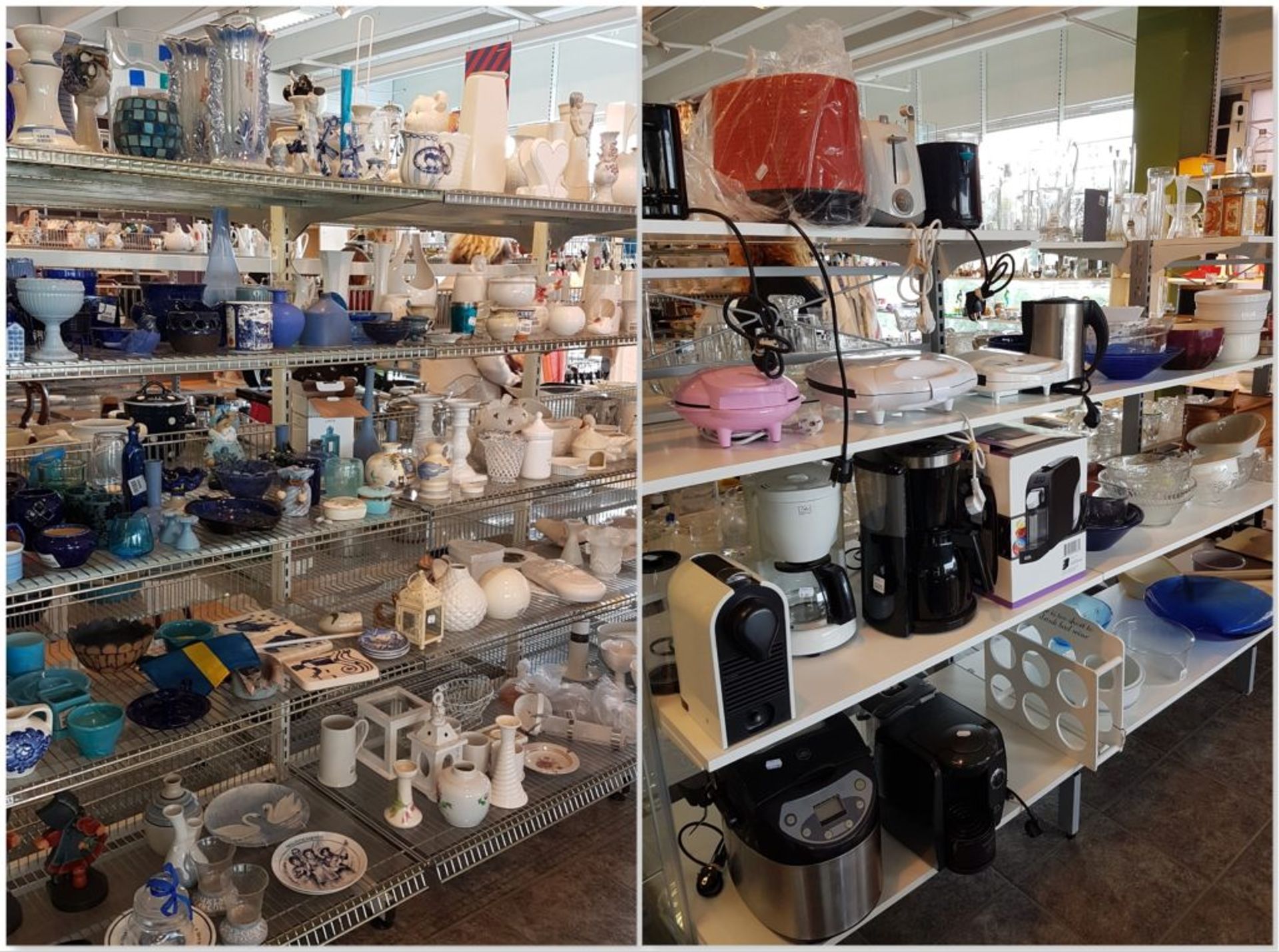 Racks of vases, ceramic items and kitchen appliances.