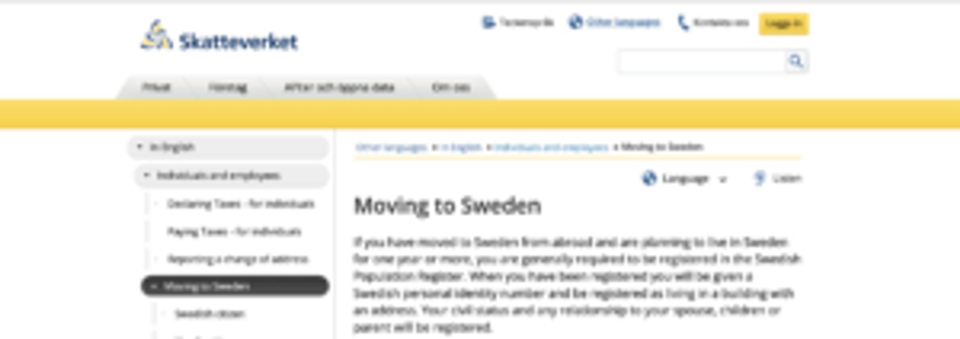 The Swedish Tax Agency website's front page.