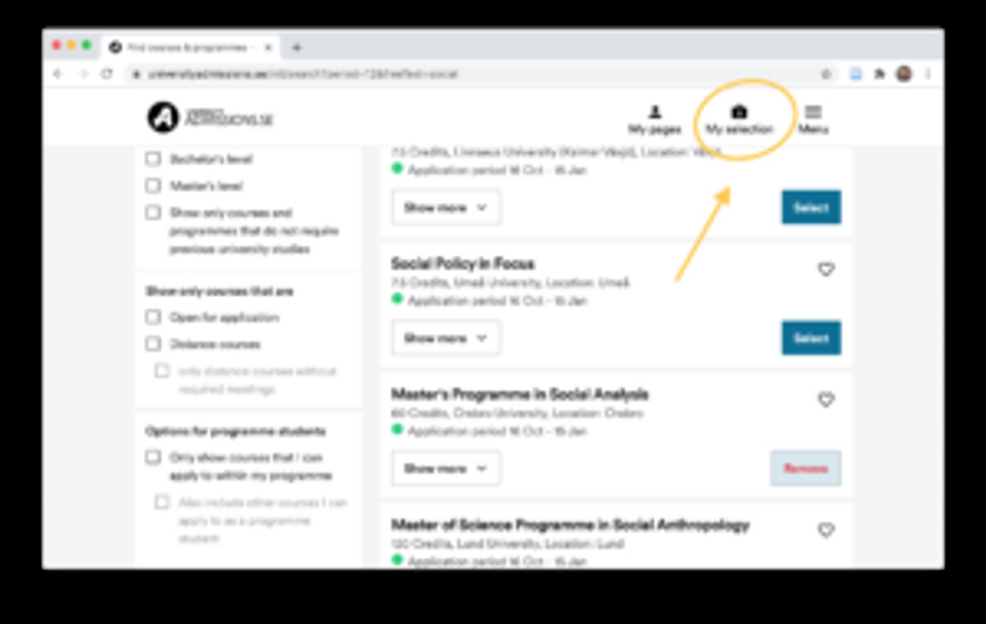 University Admissions programme database with button 'My selection' highlighted.