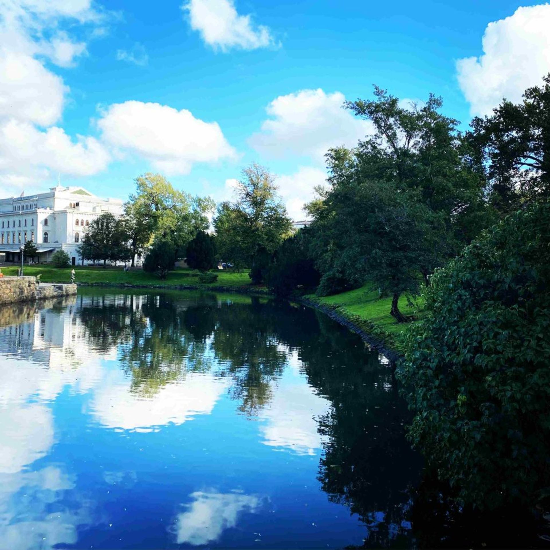 The river and trees in a park.