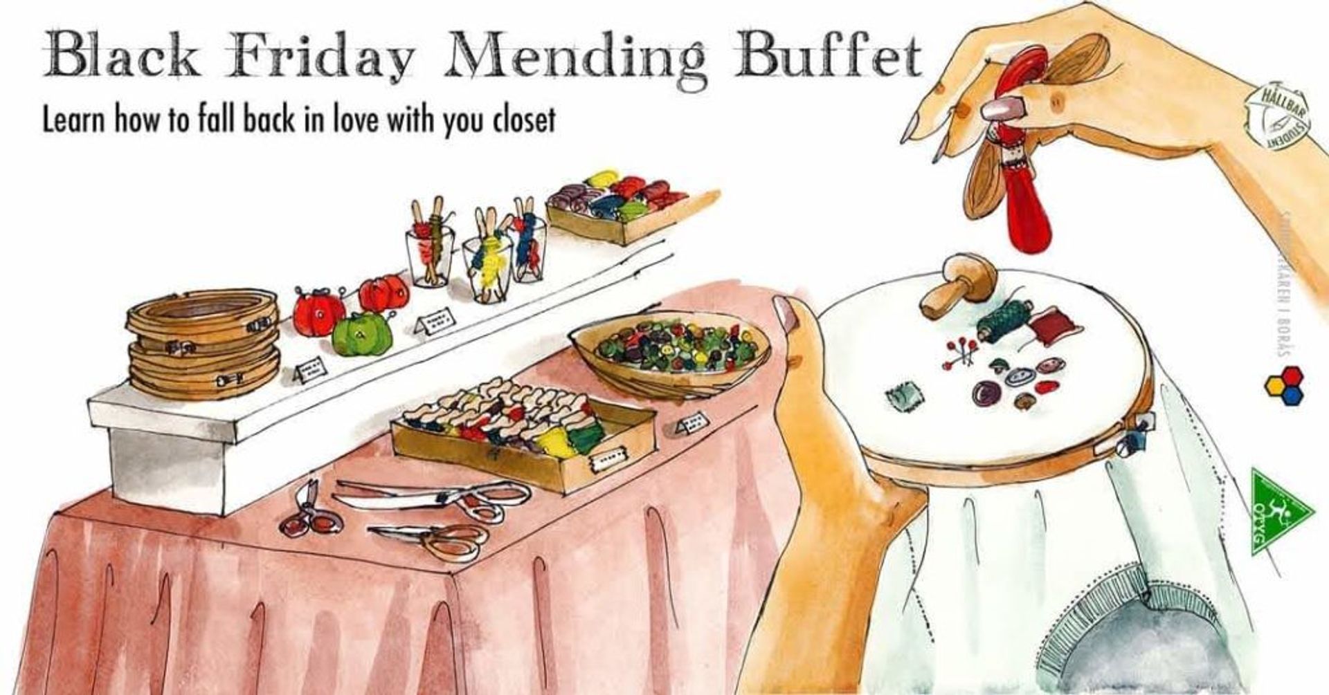 Illustration advertising the Hållbar Student Black Friday Mending Buffet. The text reads 'Black Friday Mending Buffet. Learn how to fall back in love with your closet'.