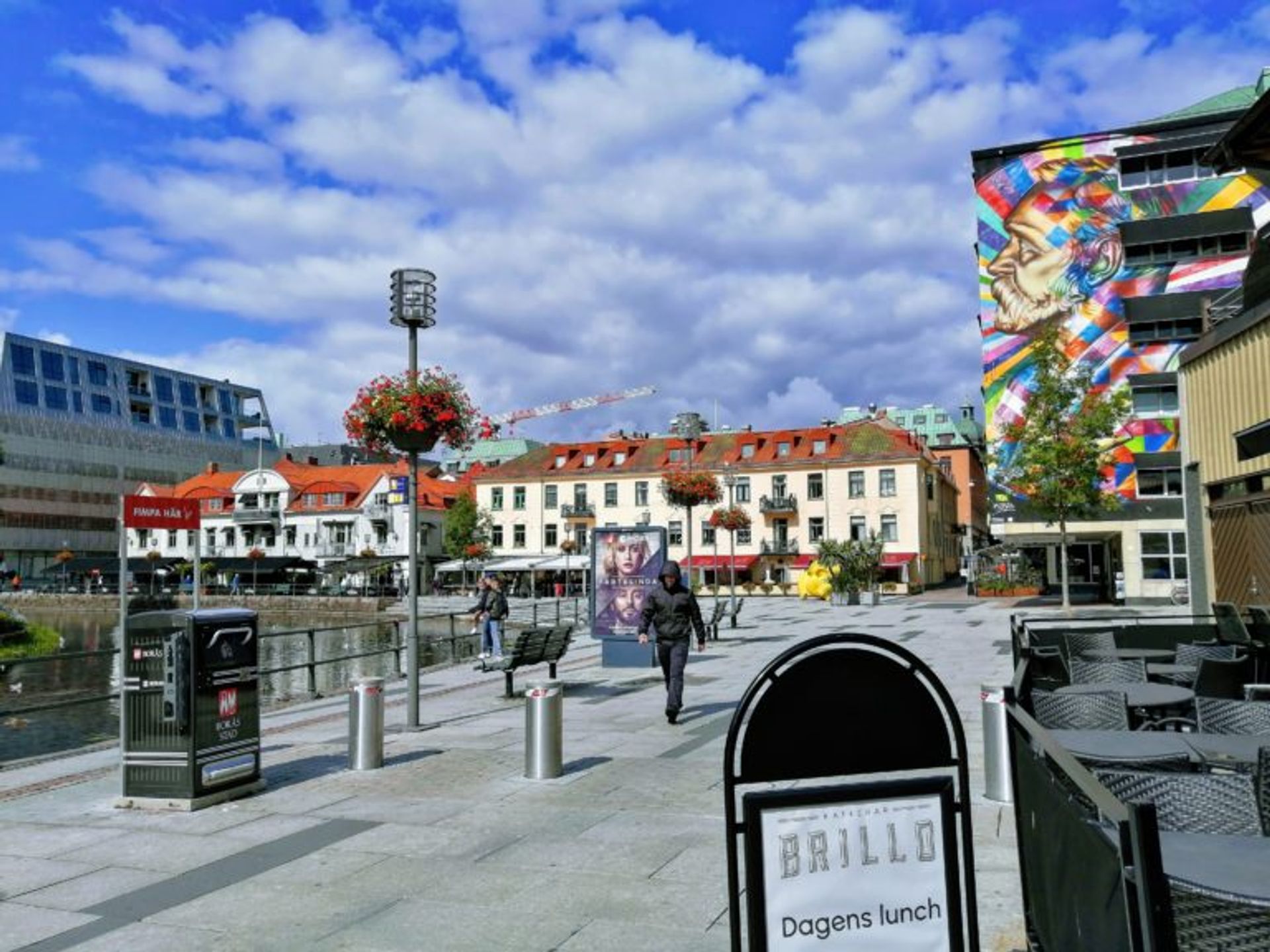 Brightly coloured mural on the side of an office building in Borås city centre. 