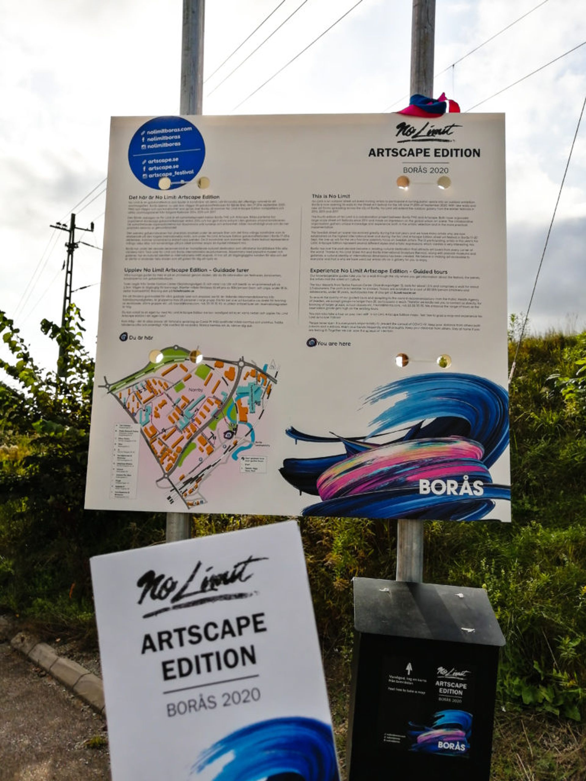 Signs and maps for guided tour of the No Limits Street Art Borås Festival 2020.