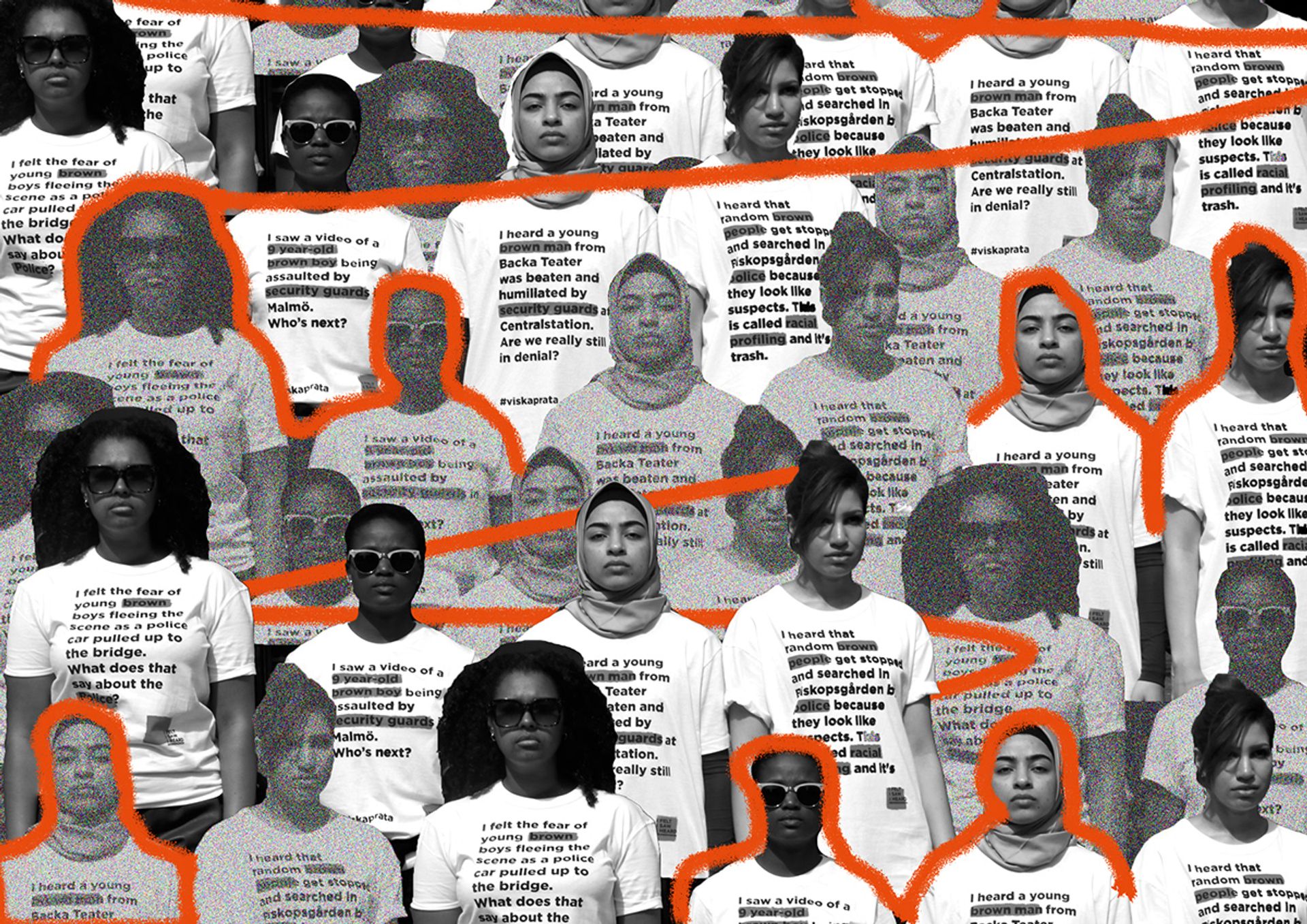 a black and white collage of people wearing T shirts with orange line drawing along the collage