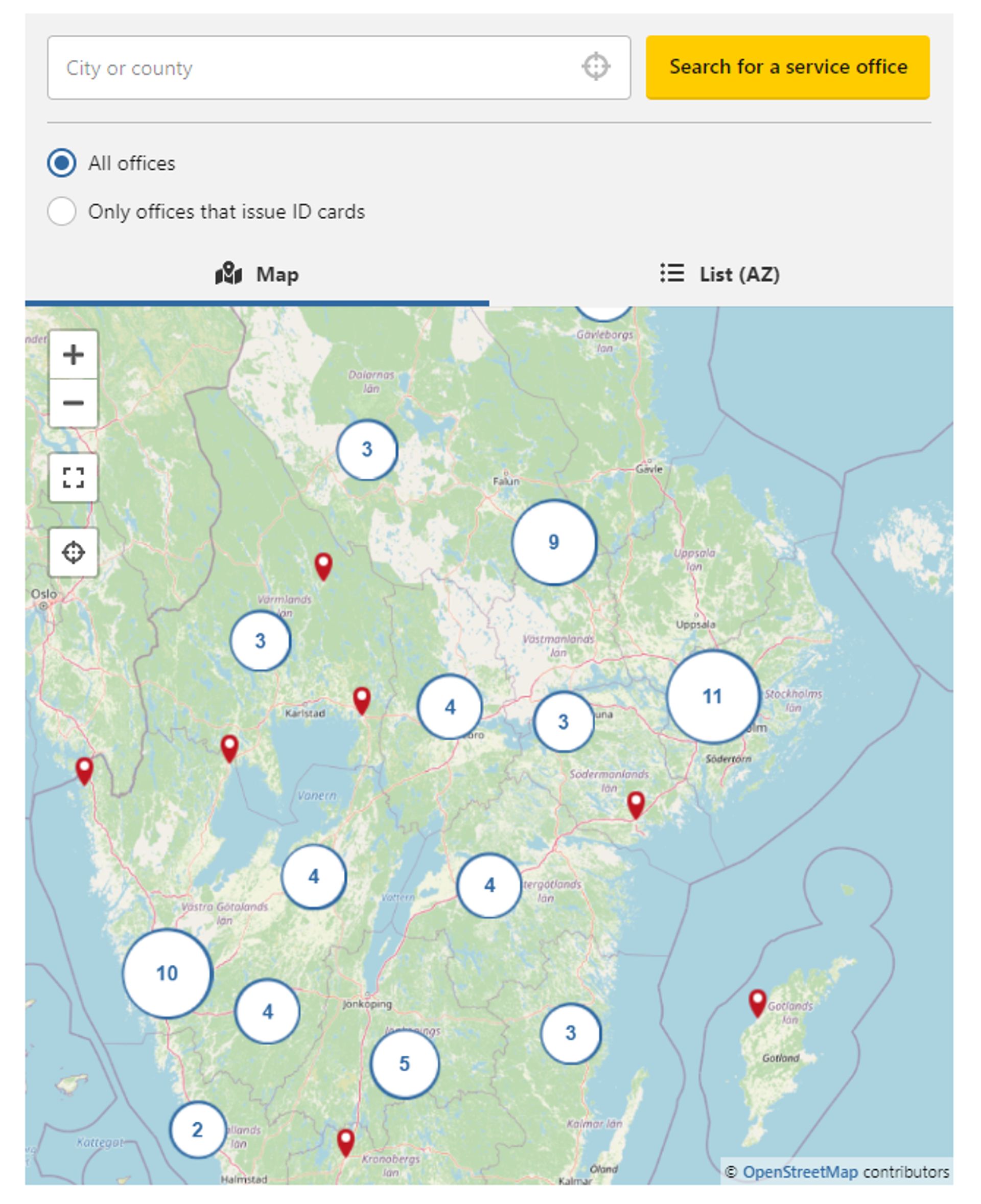 Screenshot of the map on Skatterverket where it is possible to search for the closest office location