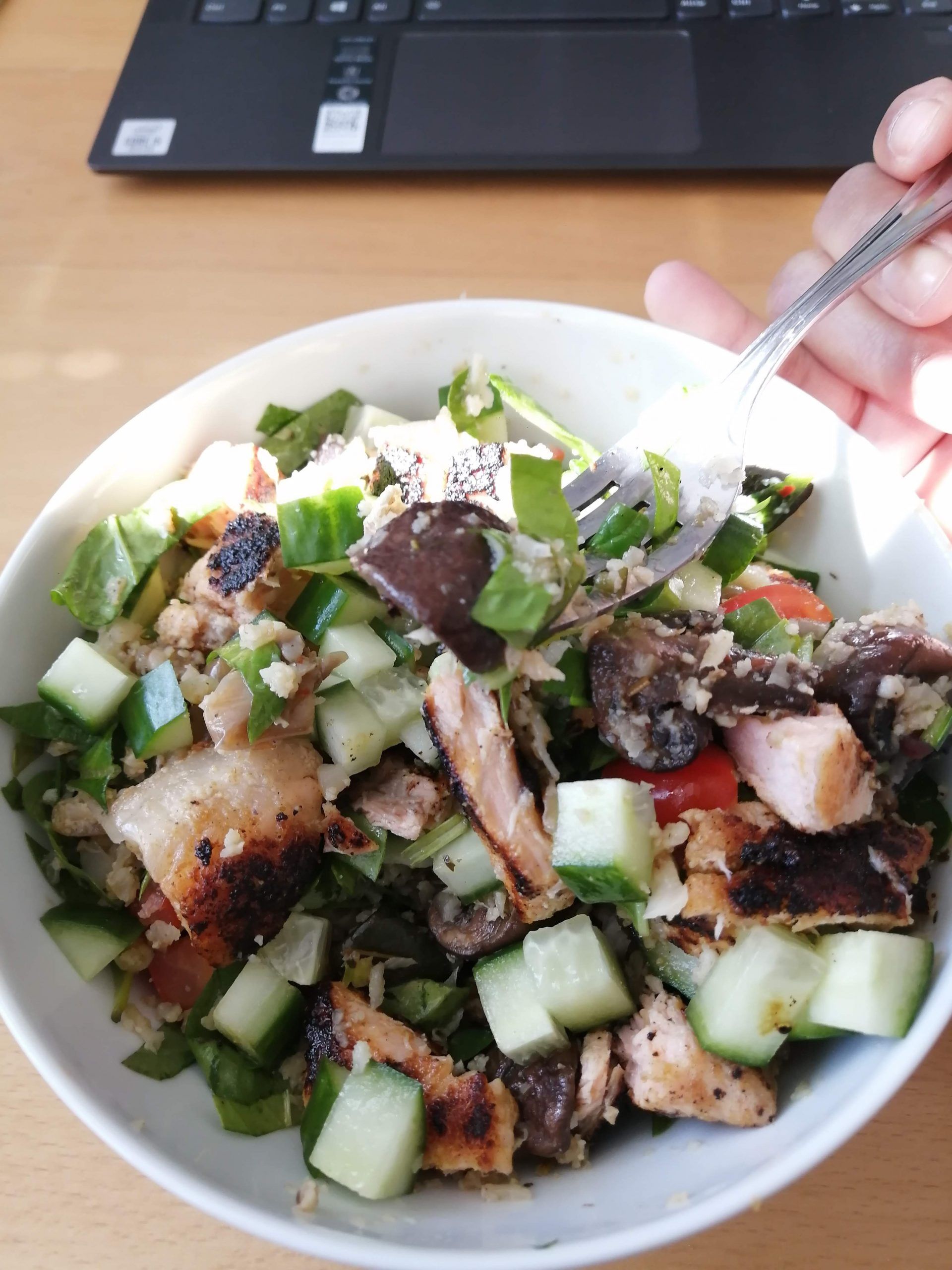 Homemade mushroom, cucumber and salmon salad