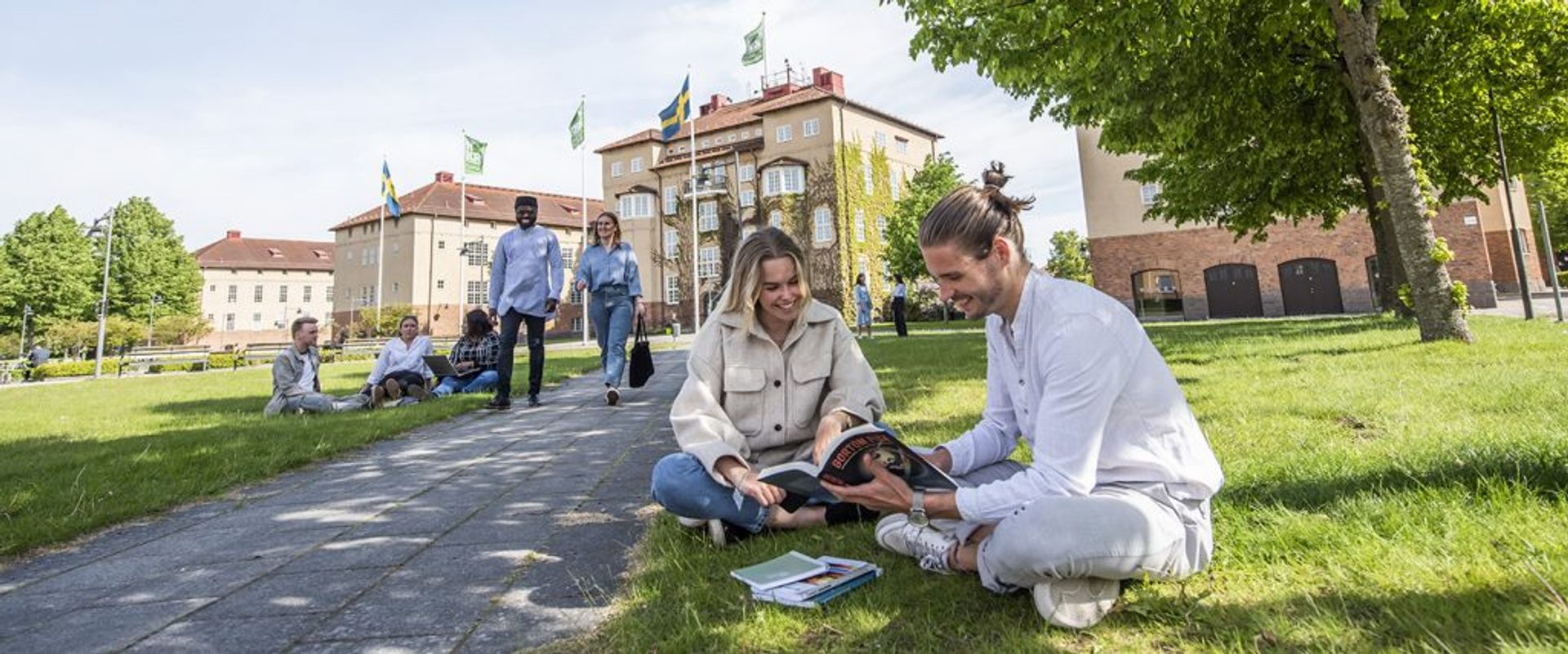 Students stitting and reading in the grass outside of Kristanstad University campus buildings.