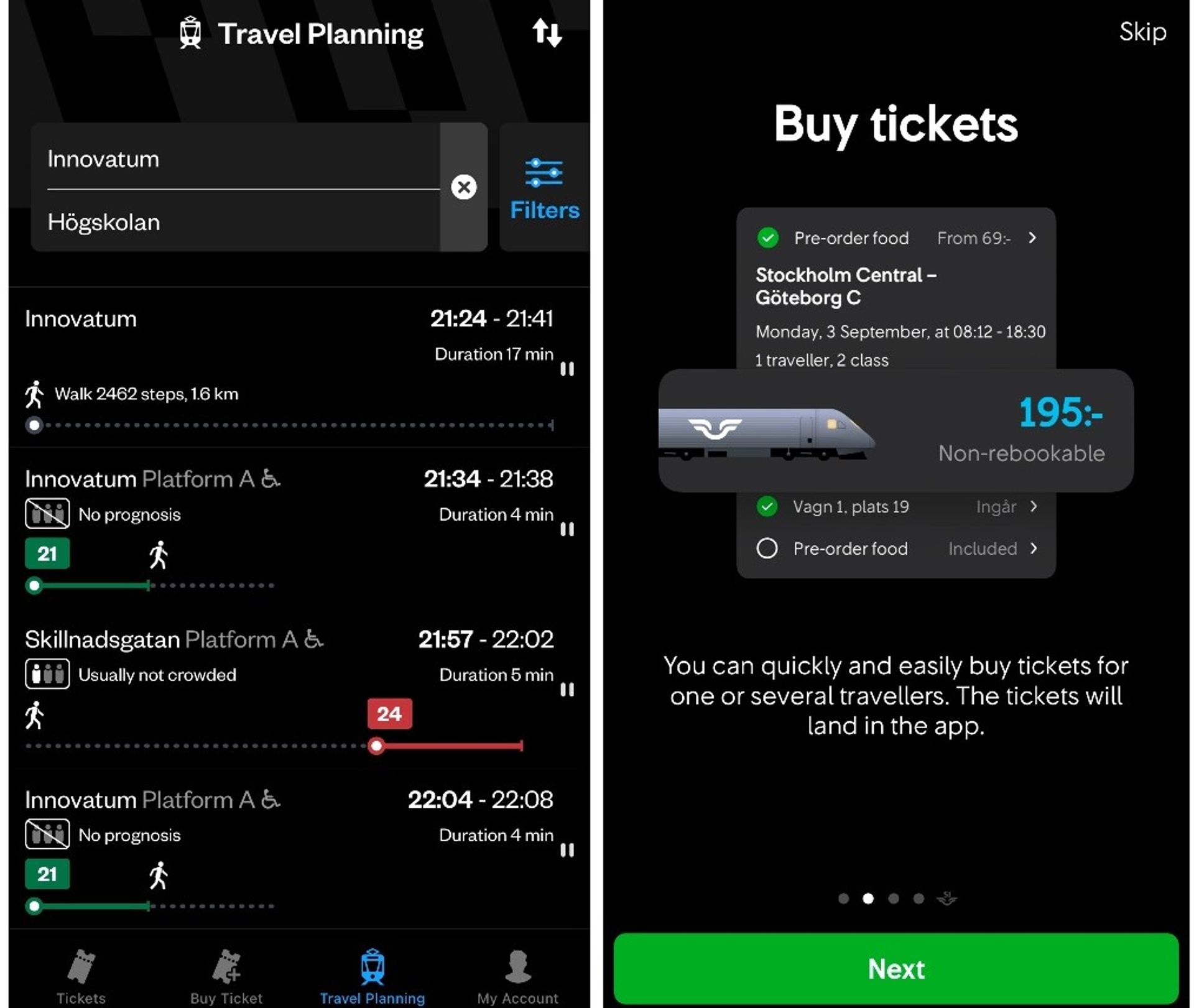 A collage of screenshots showing the vasttrafik and SJ mobile applications