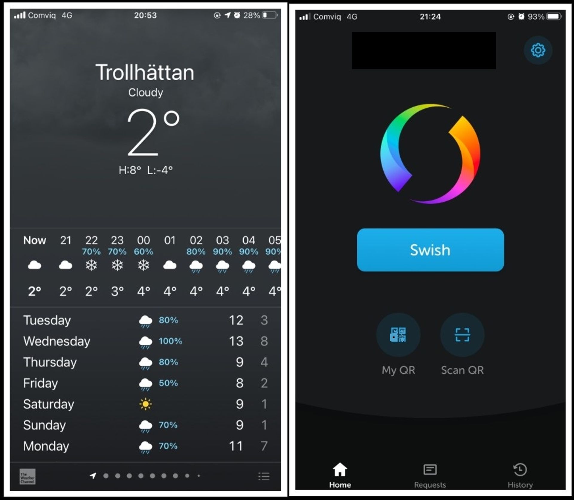 A collage of screenshots showing the weather app and swish mobile application