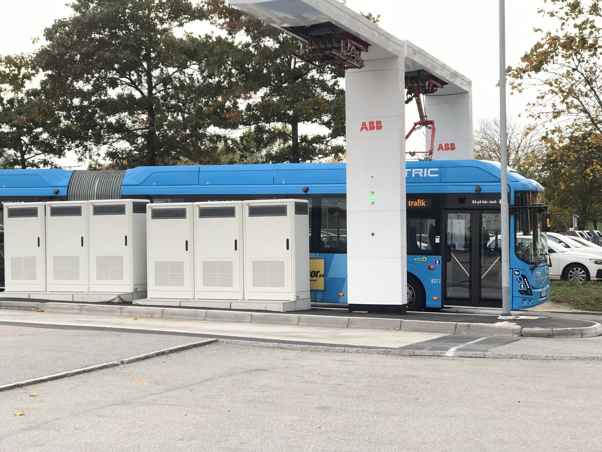 An electric bus charging 