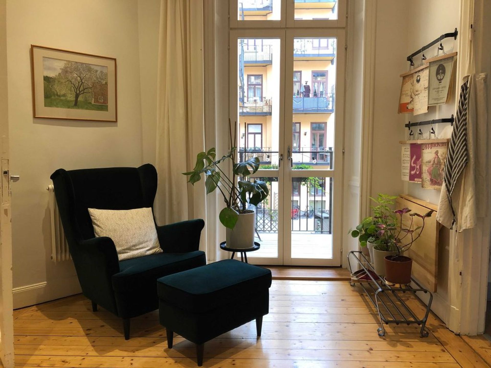 Picture showing a lounge chair next to a window with many indoor plants