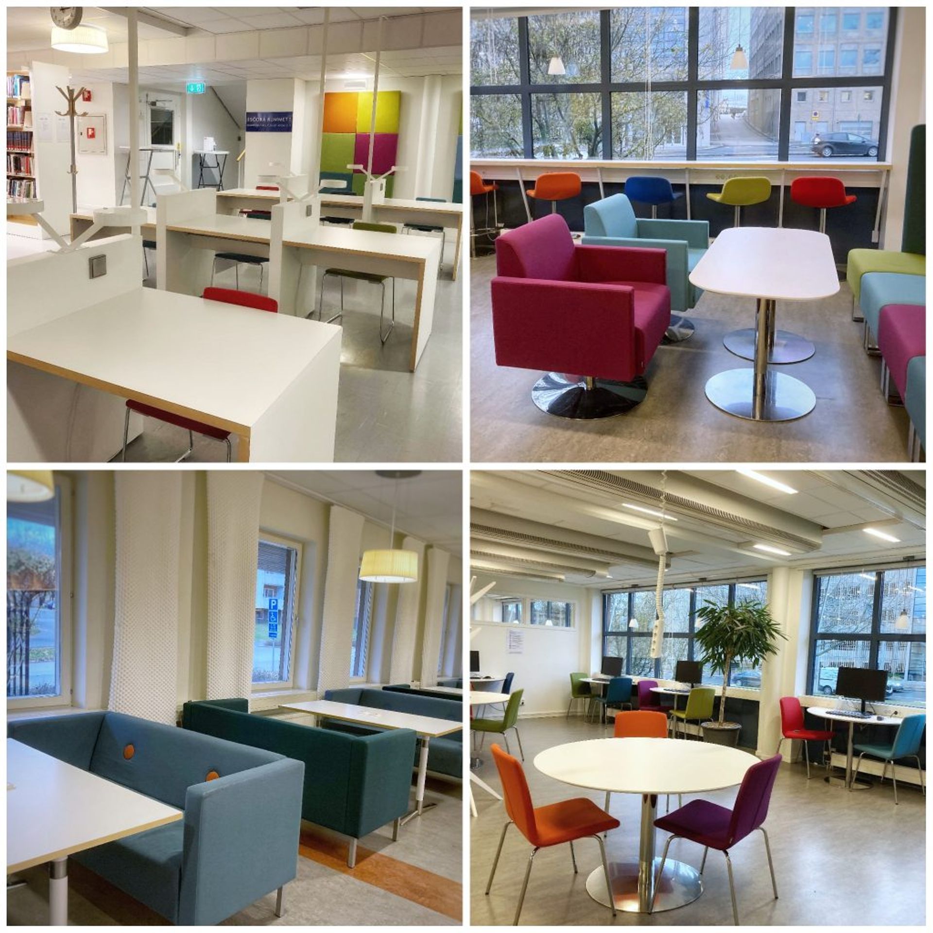 4 photos in a collage showing different study spots with sofas and tables. 