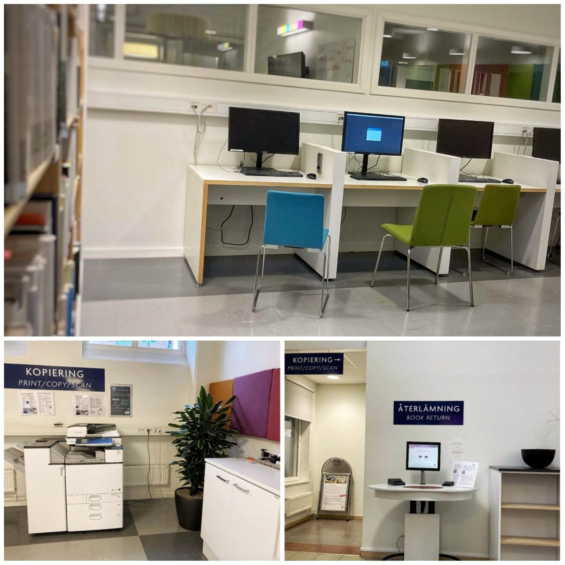 Collage of three photos showing a printer, book return area, and many computers available to students. 