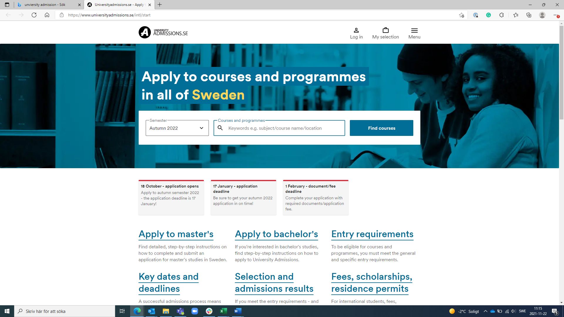 Screenshot of the University Admissions frontpage.