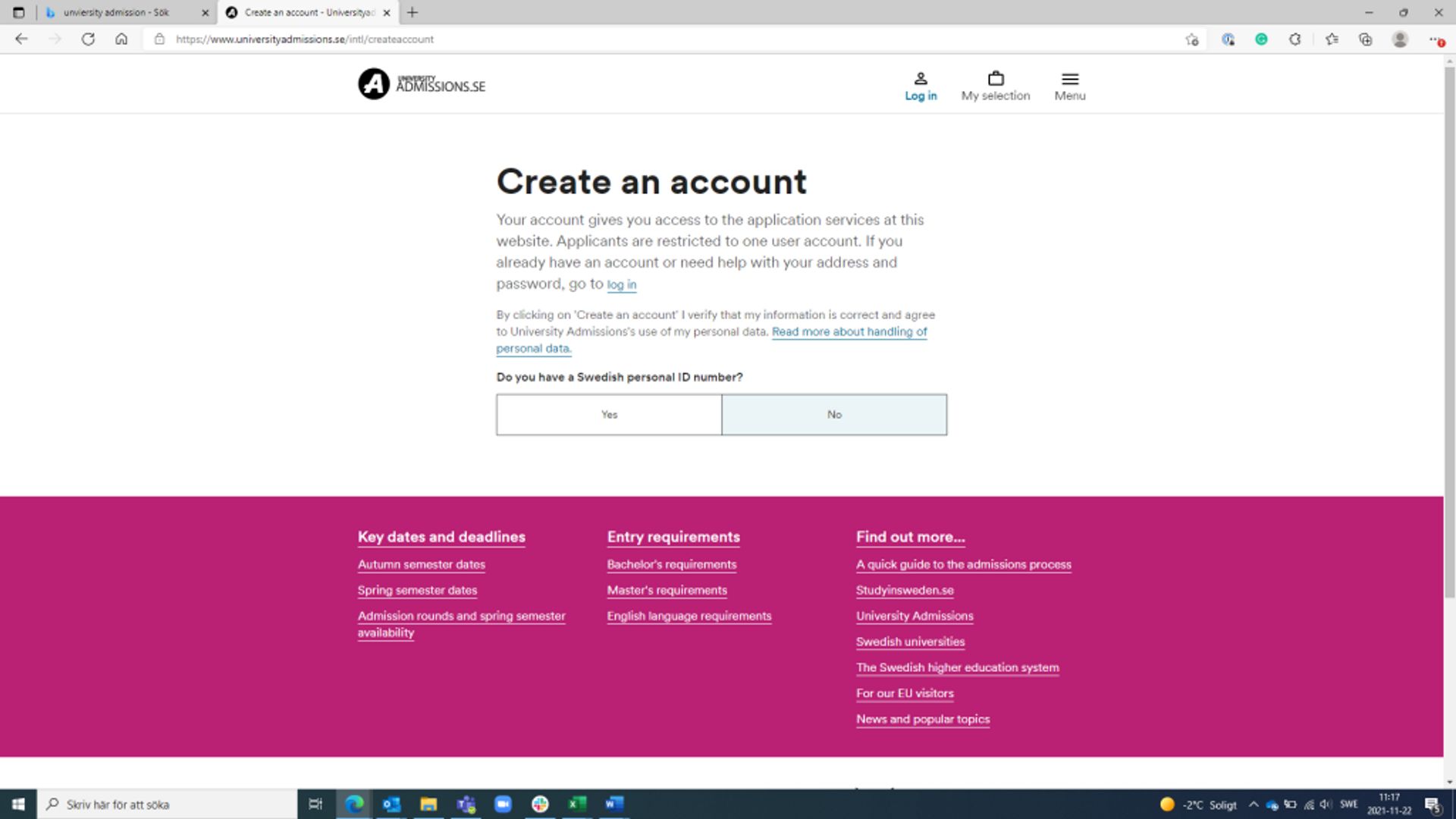Screenshot showing how to create an account on University Admissions.