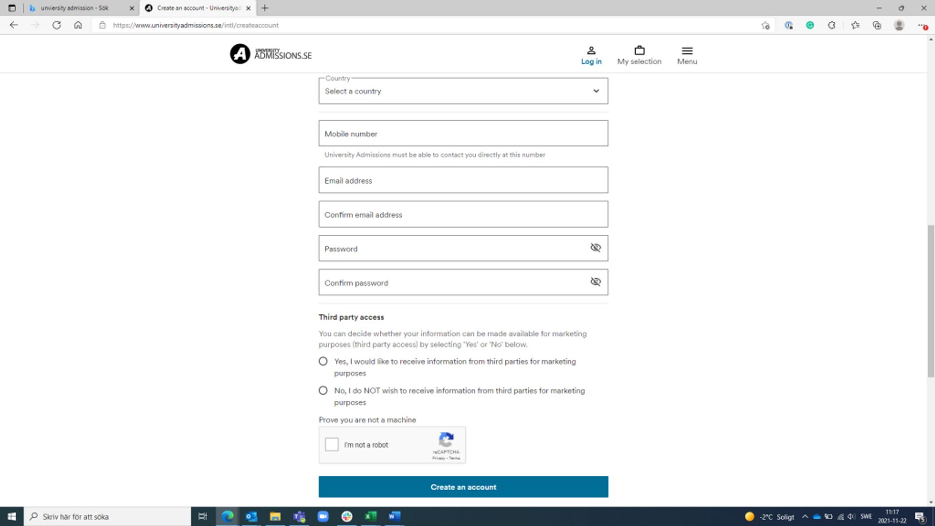 Screenshot of final step of creating an account on University Admissions.