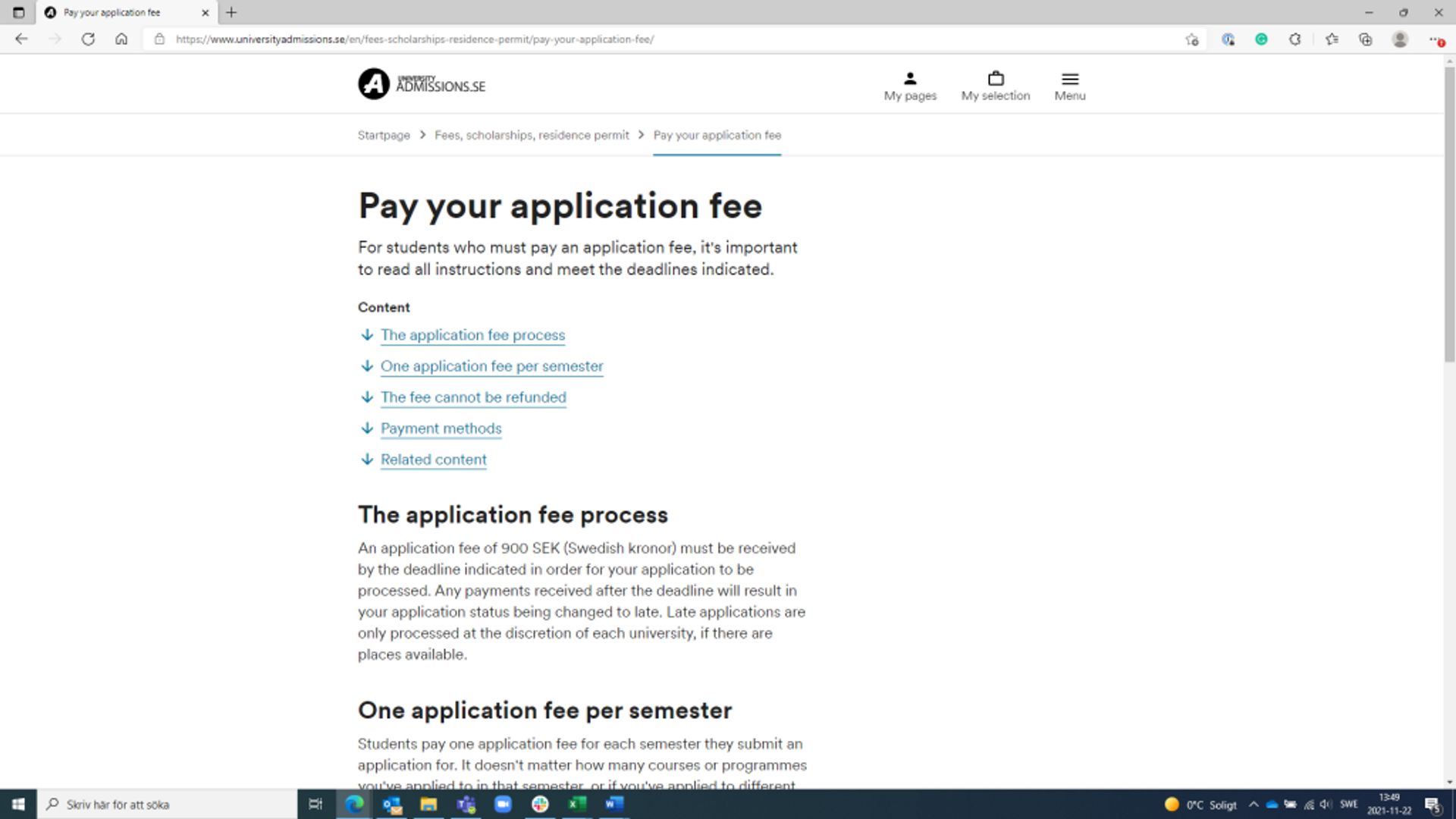 Screenshot of webpage where the application fee can be paid.