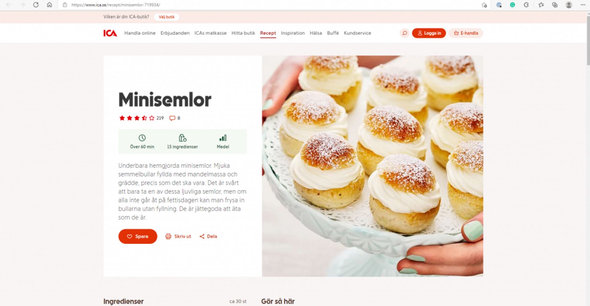 Screenshot from ica.se of the recipe for mini cardamon buns (Mini-semlor in Swedish).
