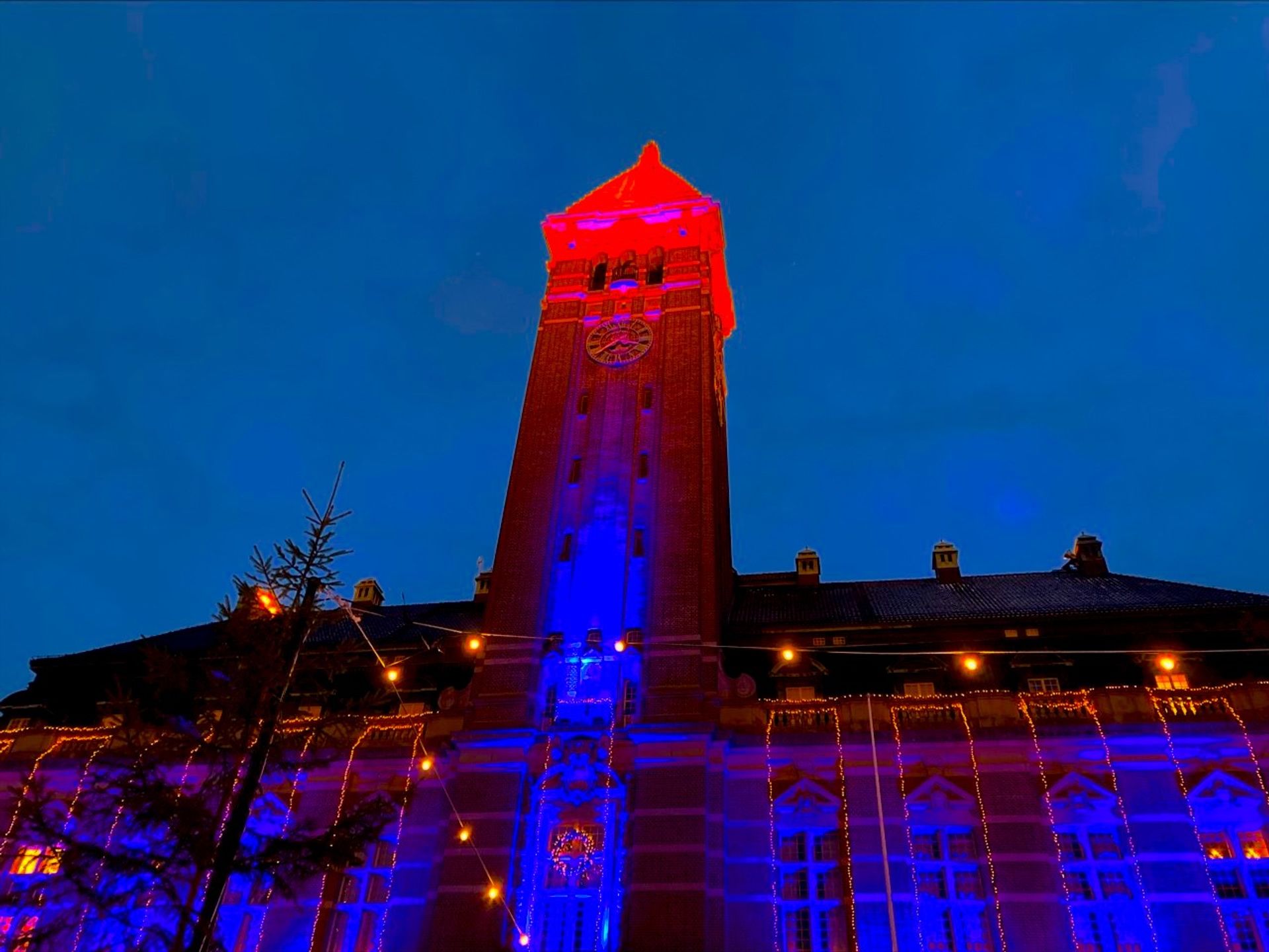 picture of purple lighted city hall