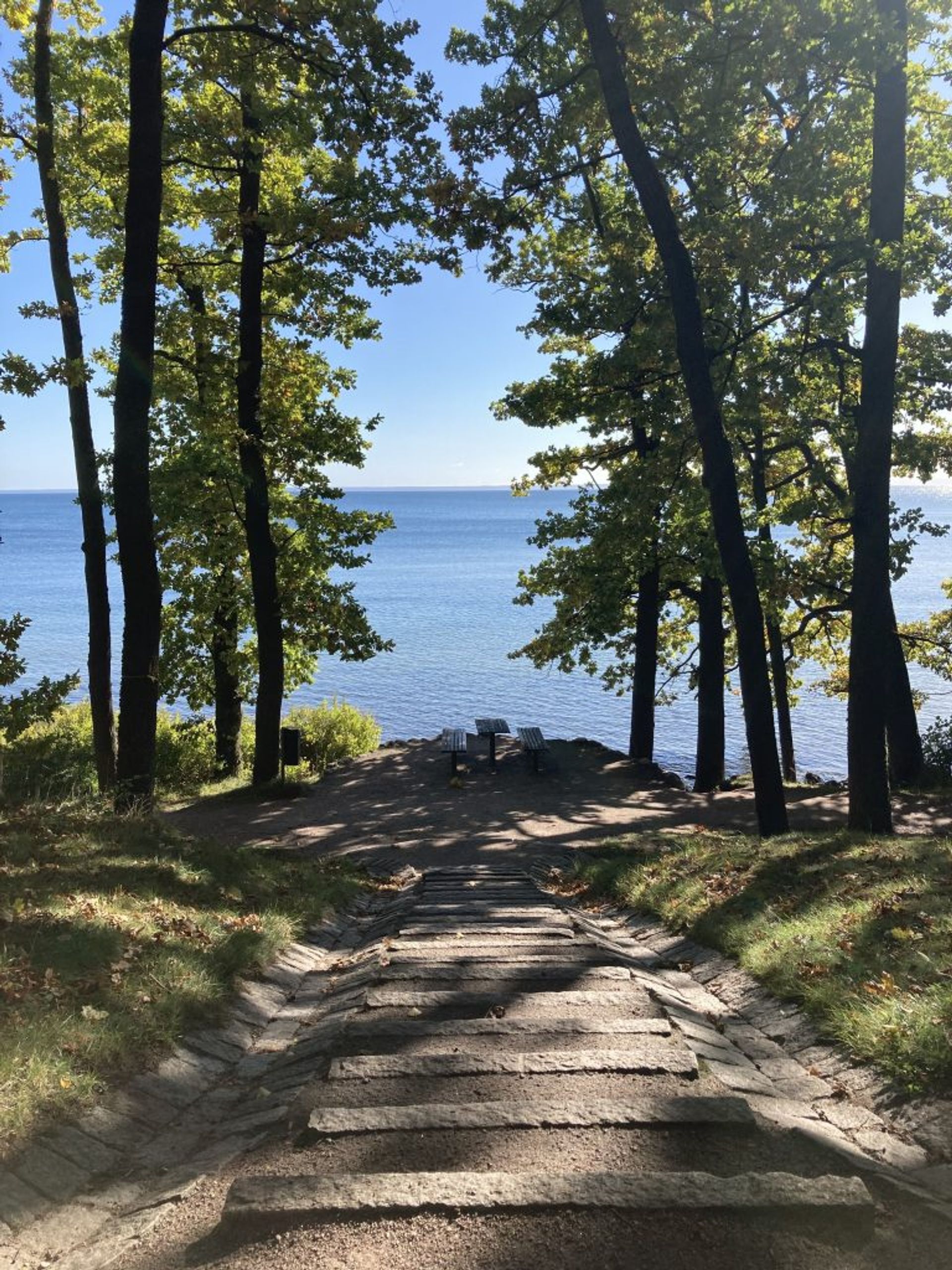 On the top of the staircase leading to the blue lake in Hjo. 