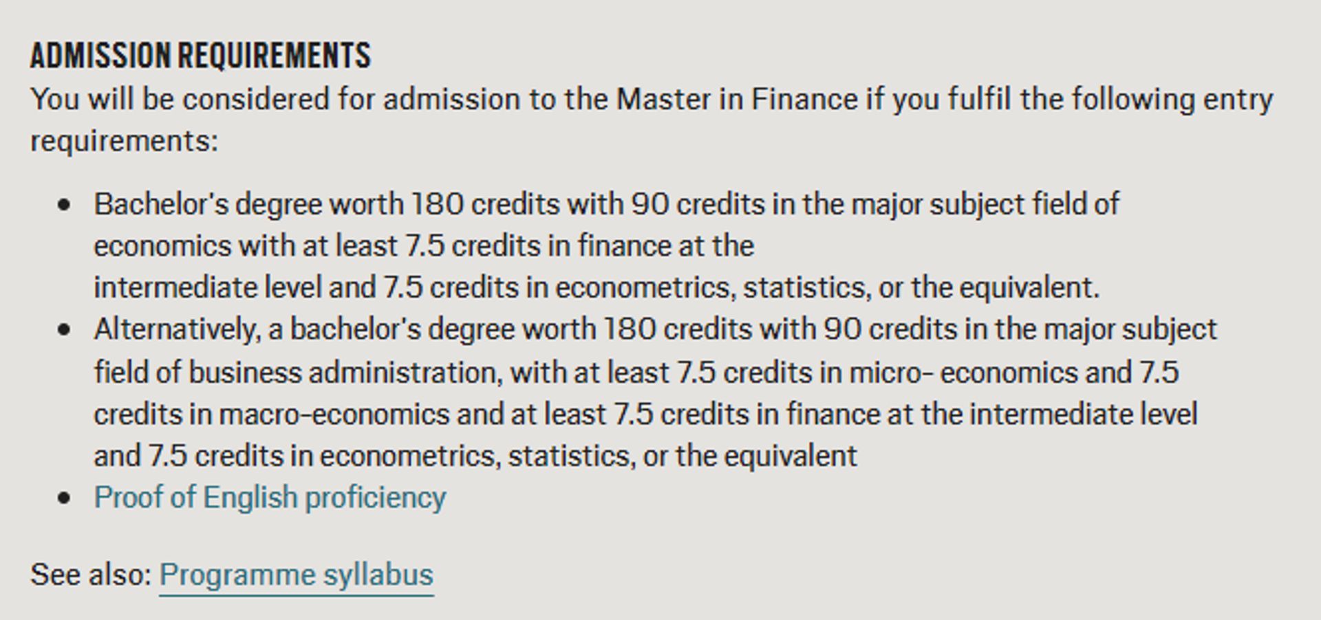 Screenshot of a list of requirements for Master in Finance at University West's website.