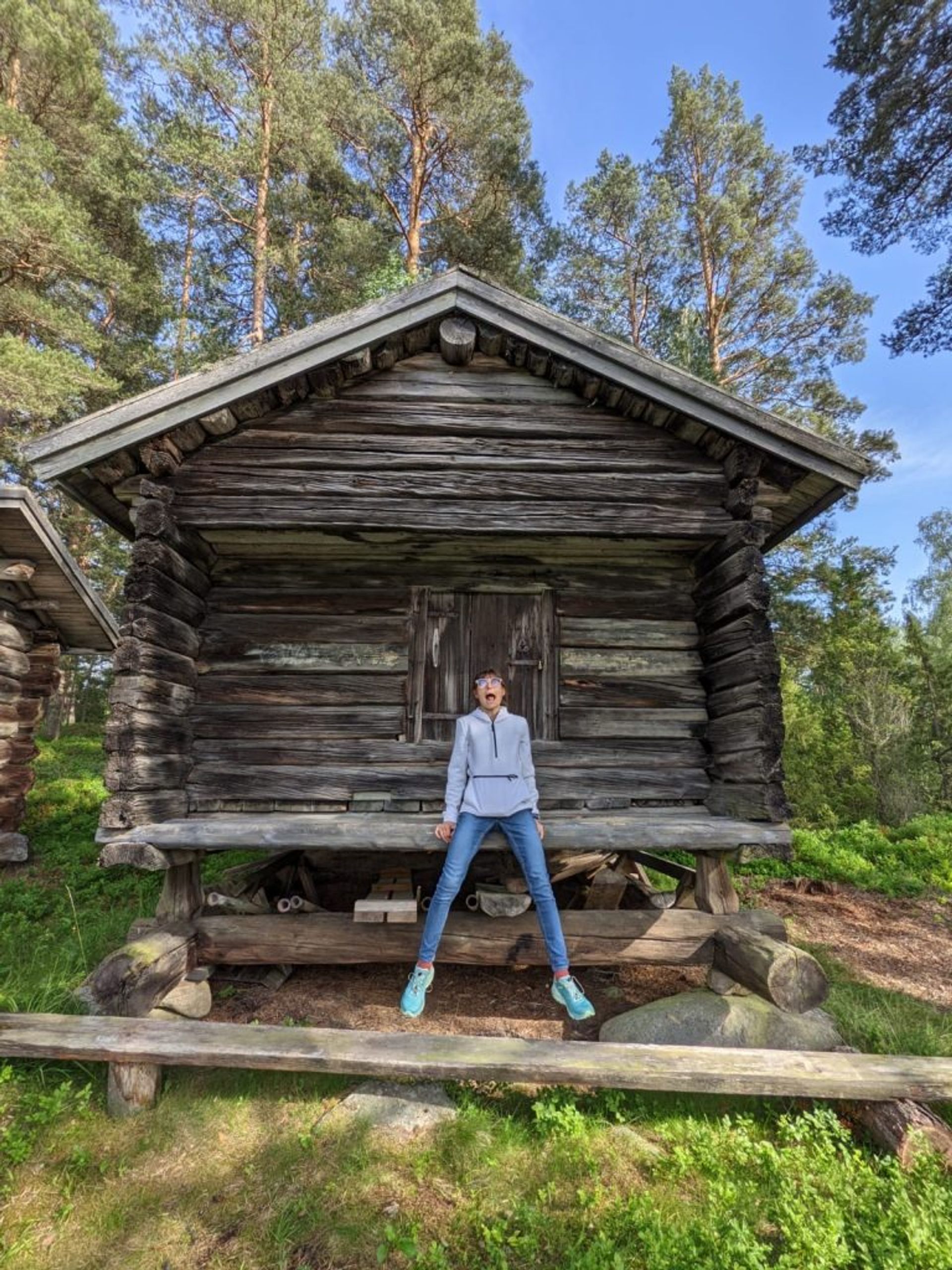 Crazy photo of Mira in front of a tiny wooden cottage, 
