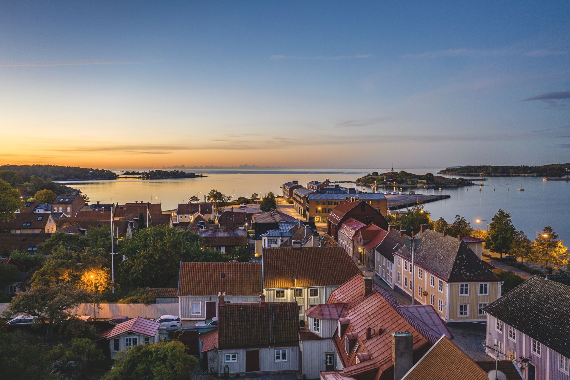 Twilight in a small town by the water.