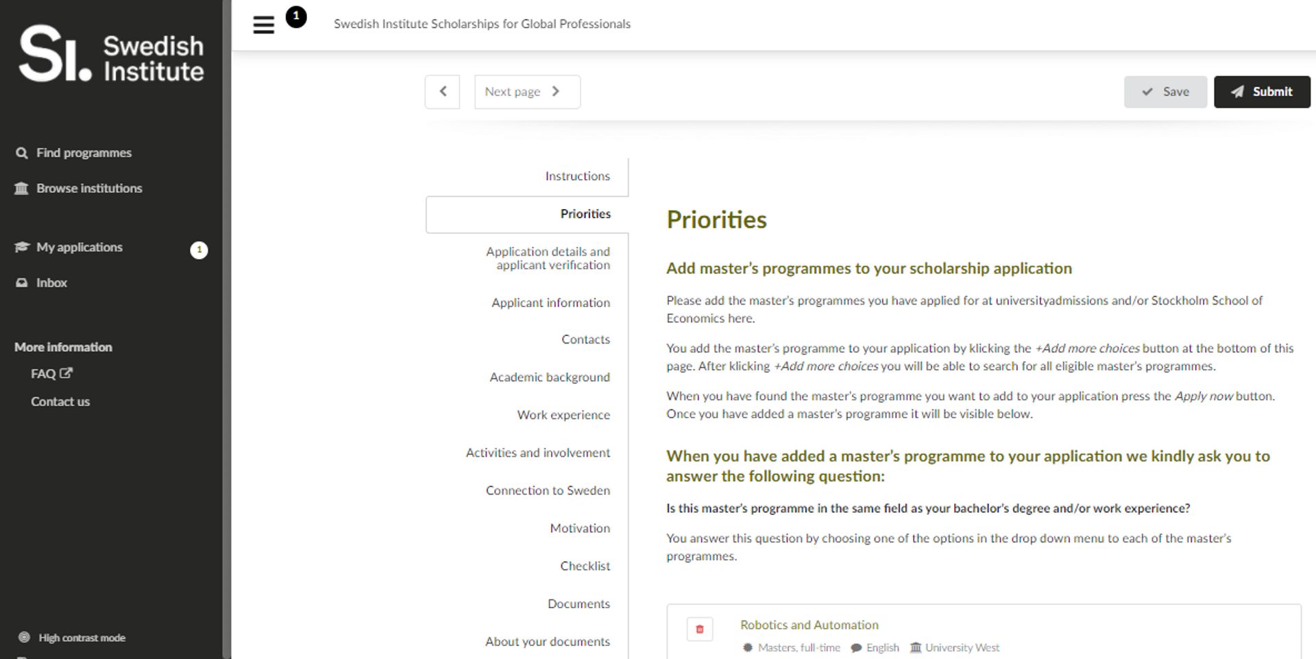 New SI Application Portal Priorities Page