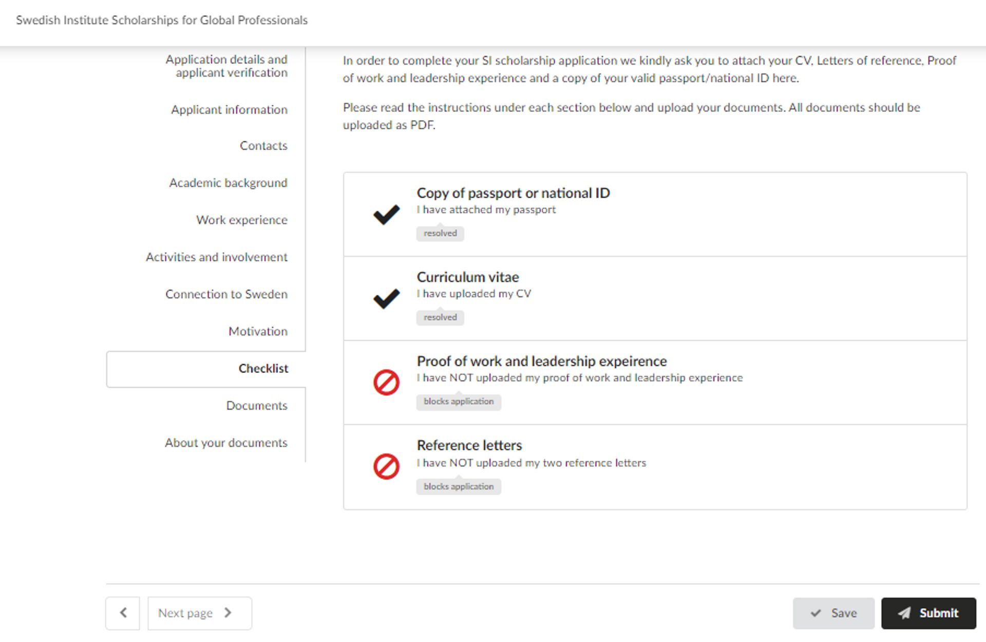 The documents upload page in the new SI application portal