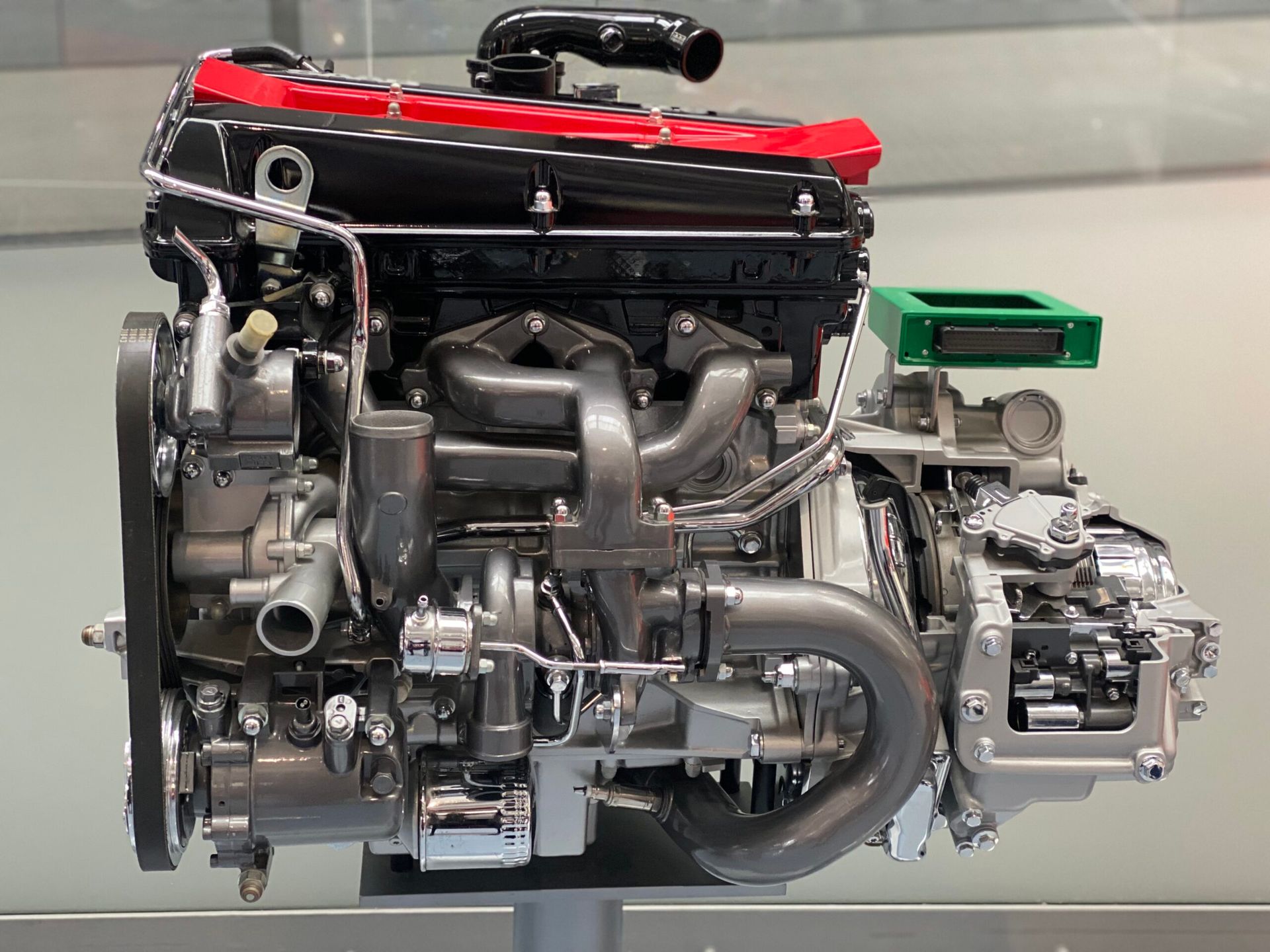 A car engine on display at the SAAB Museum