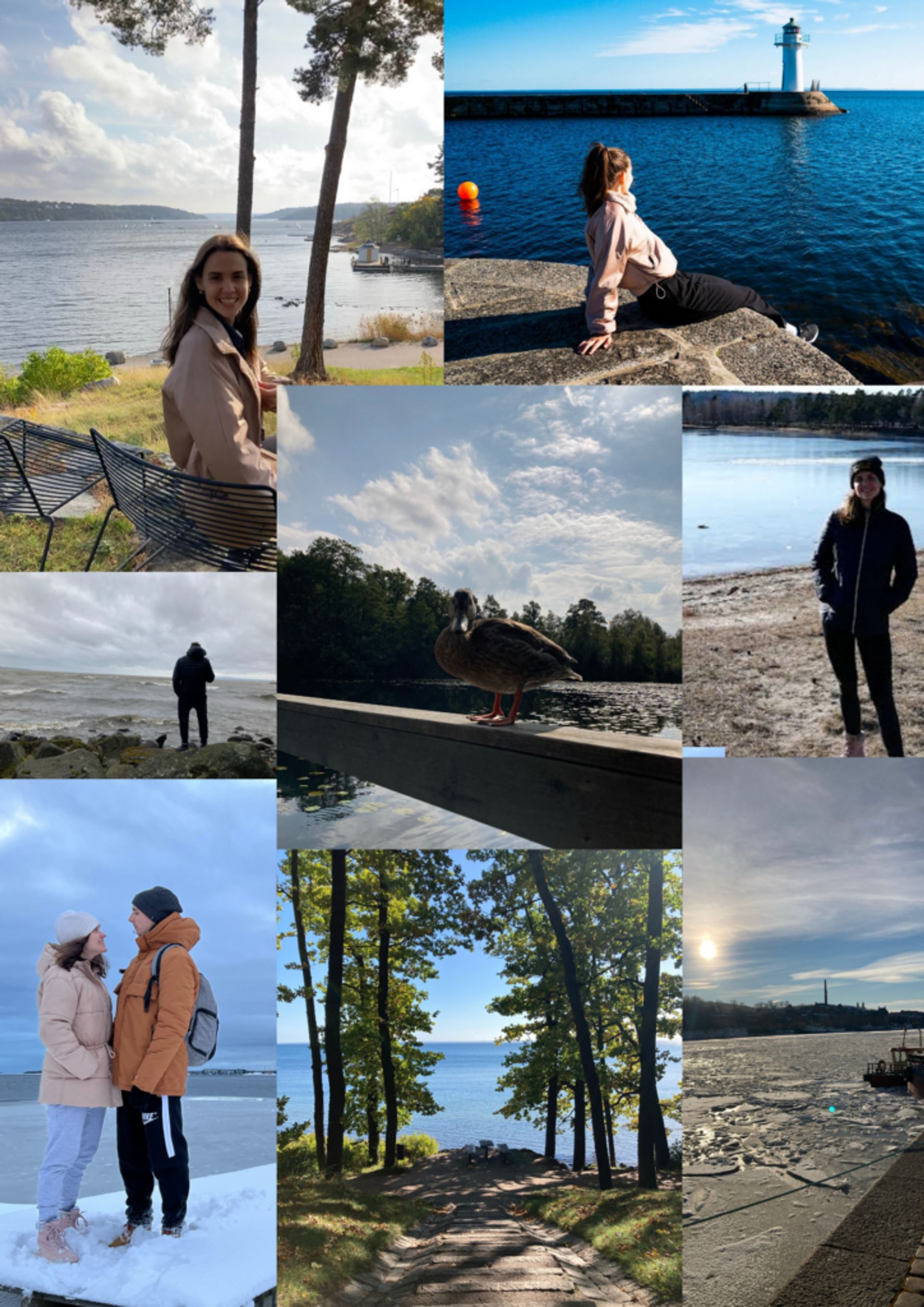 A mosaic of photos of a girl in front of a lake at different locations. 