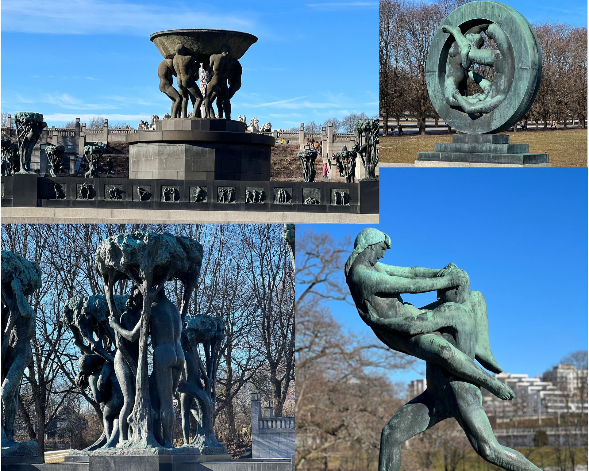 A collage of 4 pictures taken at the Vigeland museum while visiting Oslo