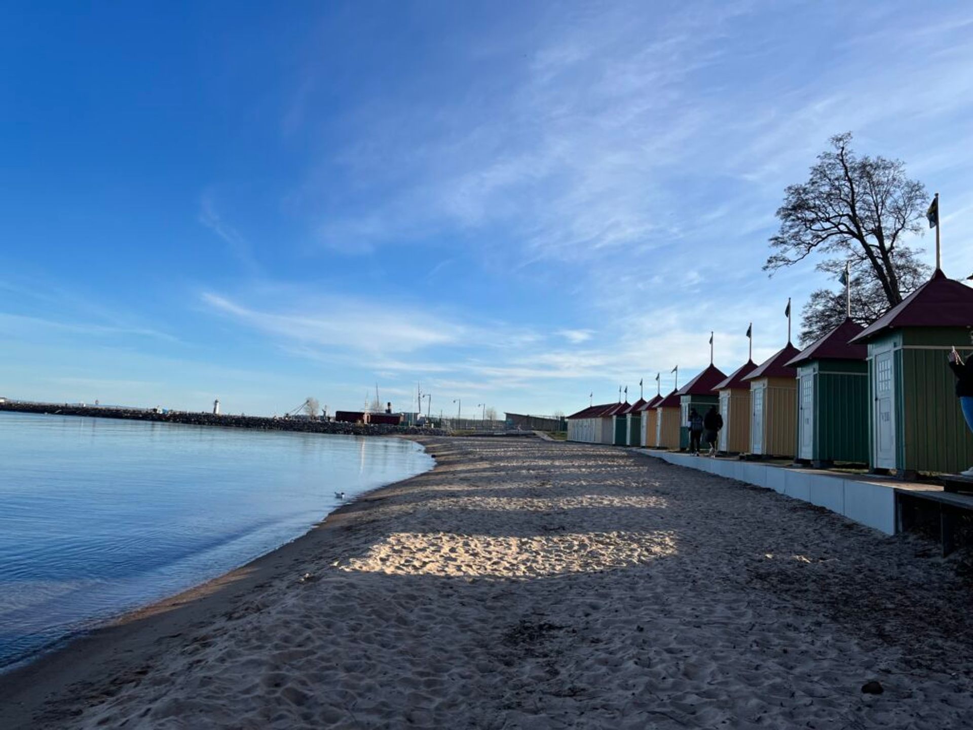 Colorful cottages lining the shoreline of a beach.