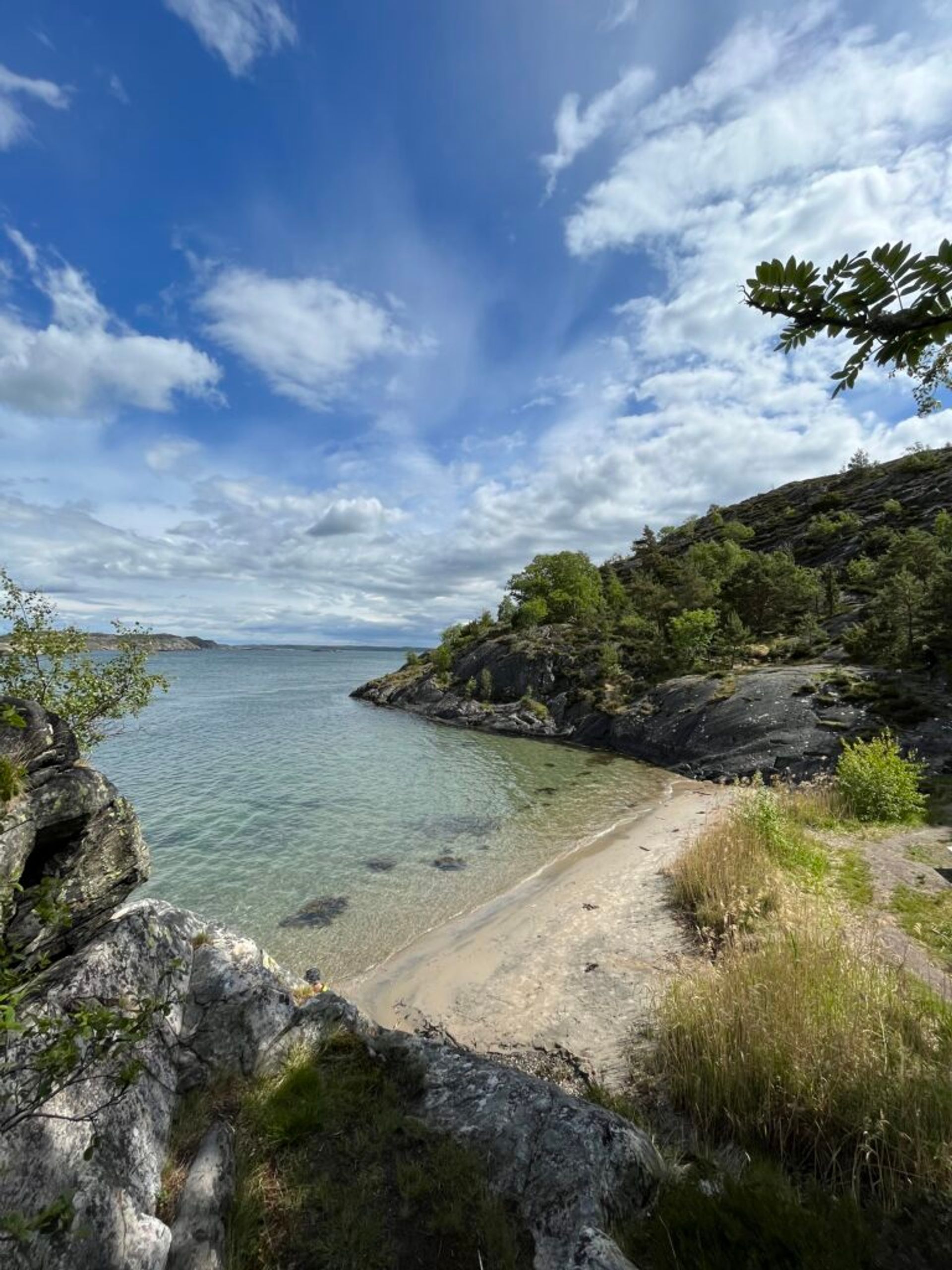 Secluded beach nestled among rocky cliffs and greenery.