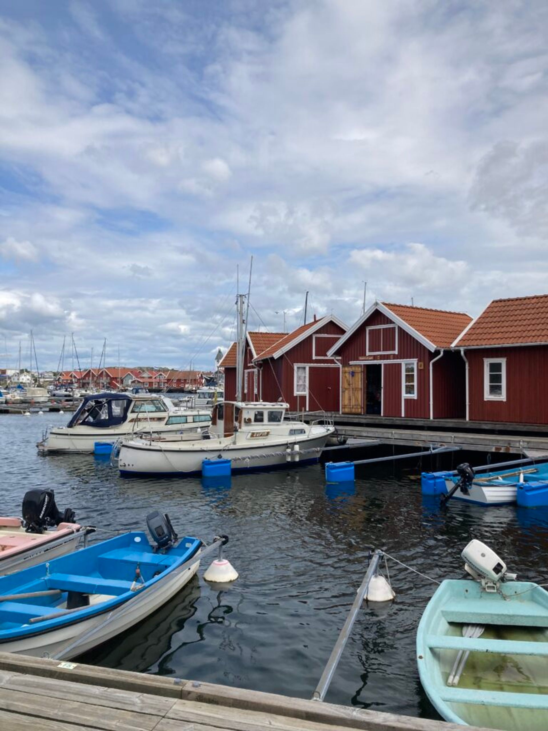 Boats docked at a seaside pier with red cottages in the background.