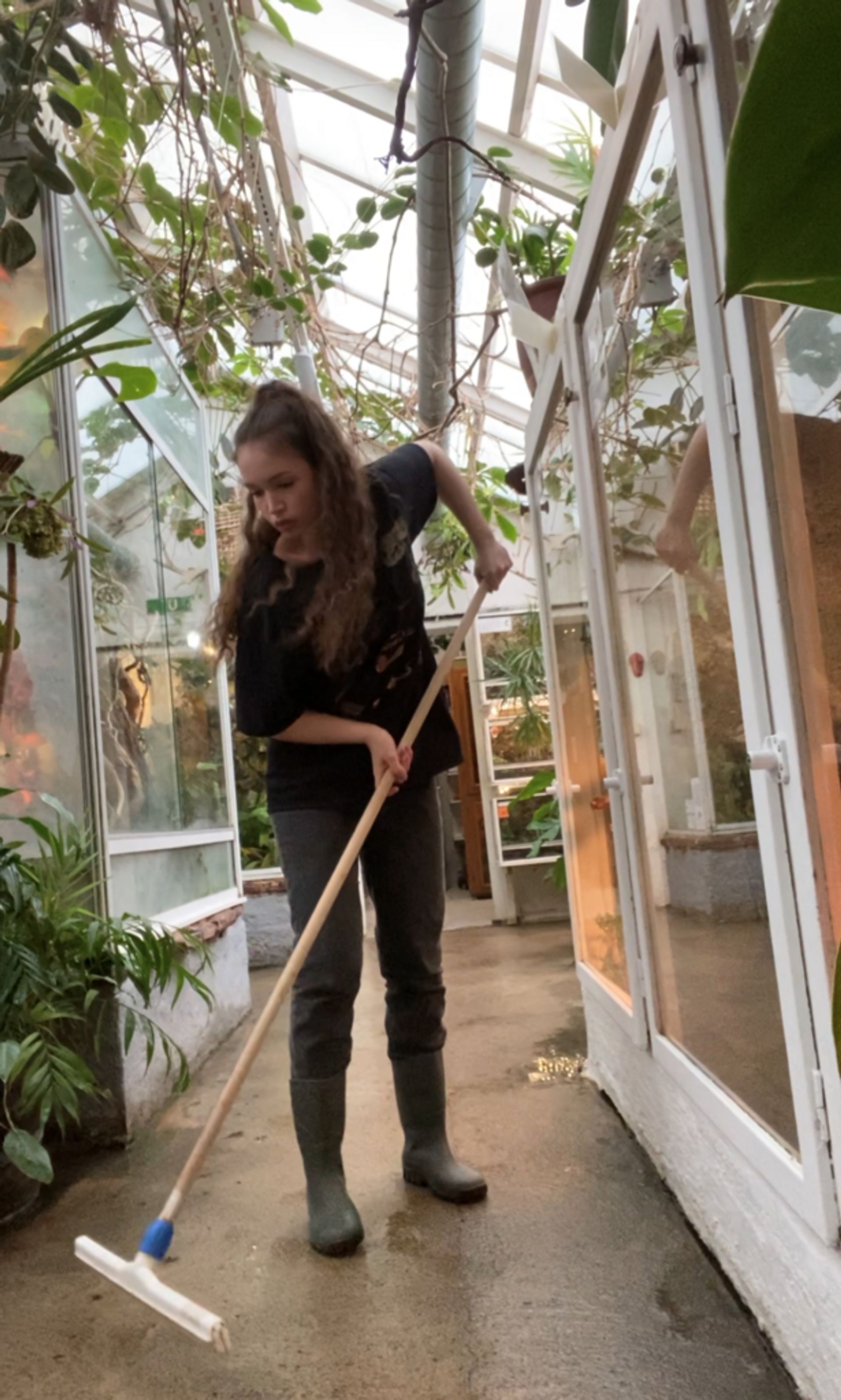 A girl sweeping the floor. 