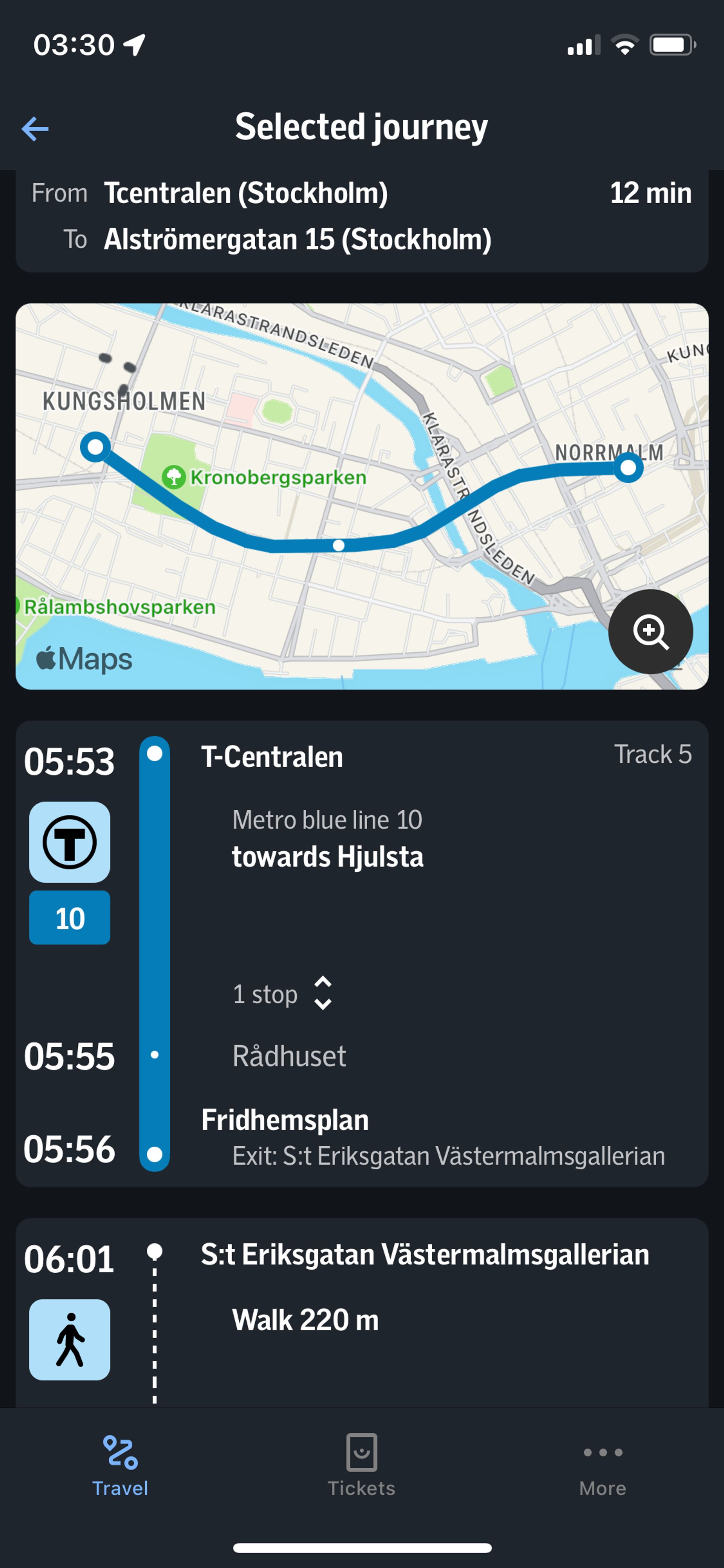 A screenshot of a travel journey plan in the SL app.