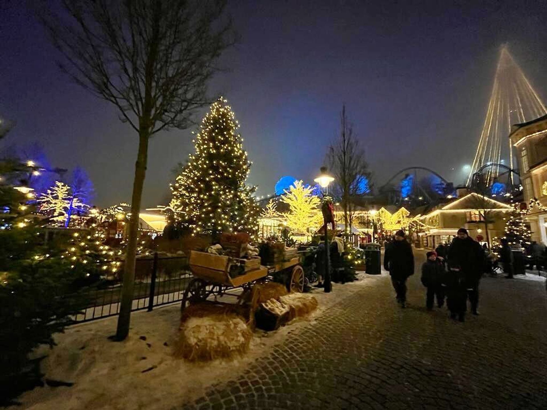 A sleigh under a Christmas tree.