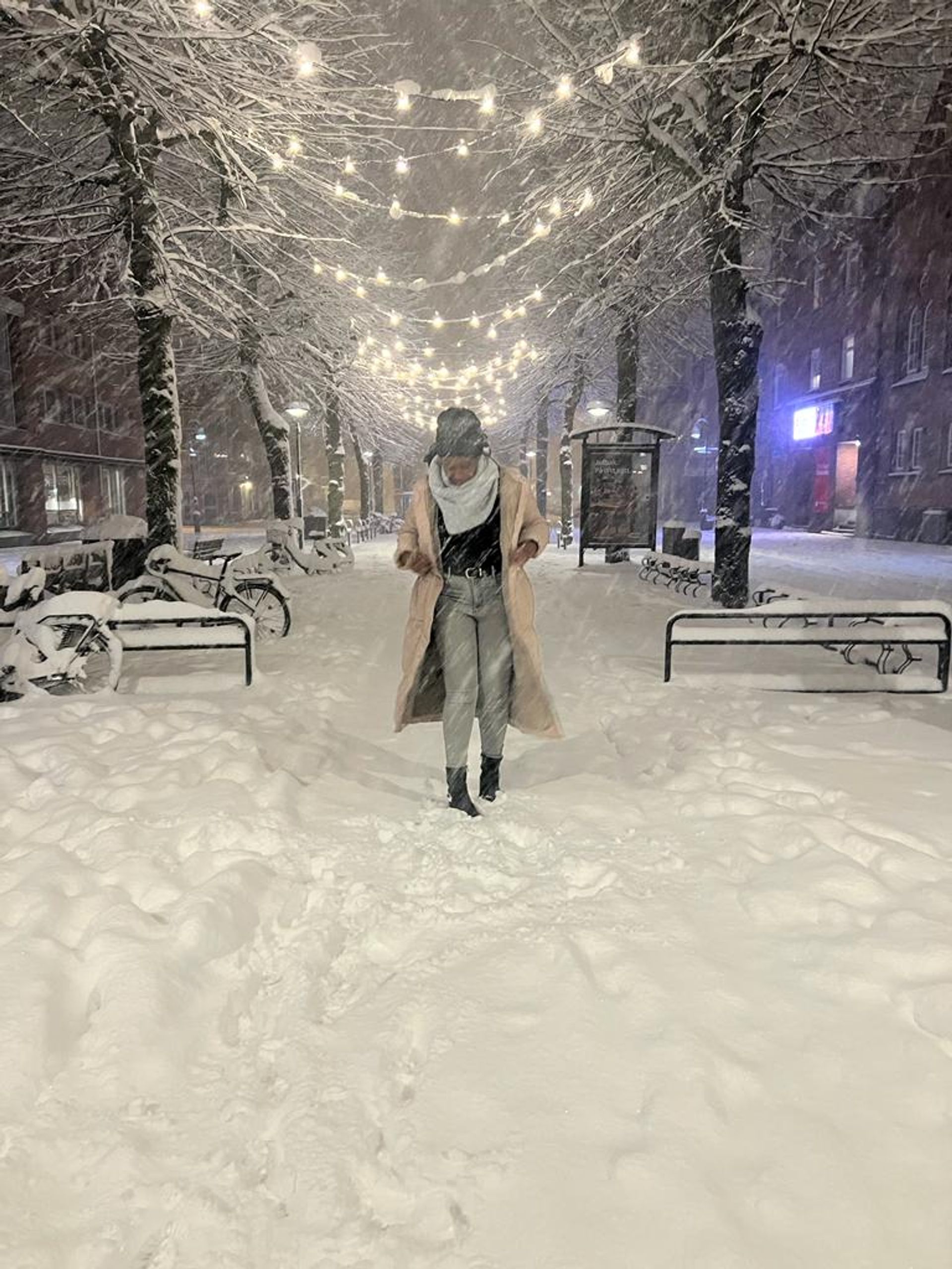 A woman walks up a snow-covered path as snow falls.