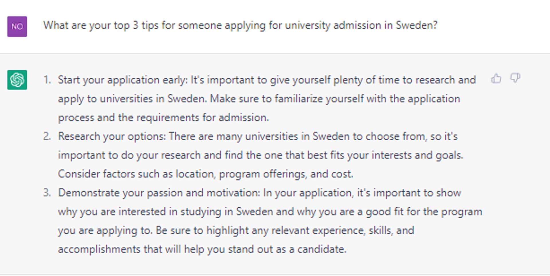 A screenshot of top three tips for someone applying for university in Sweden from the AI chatbot ChatGPT.