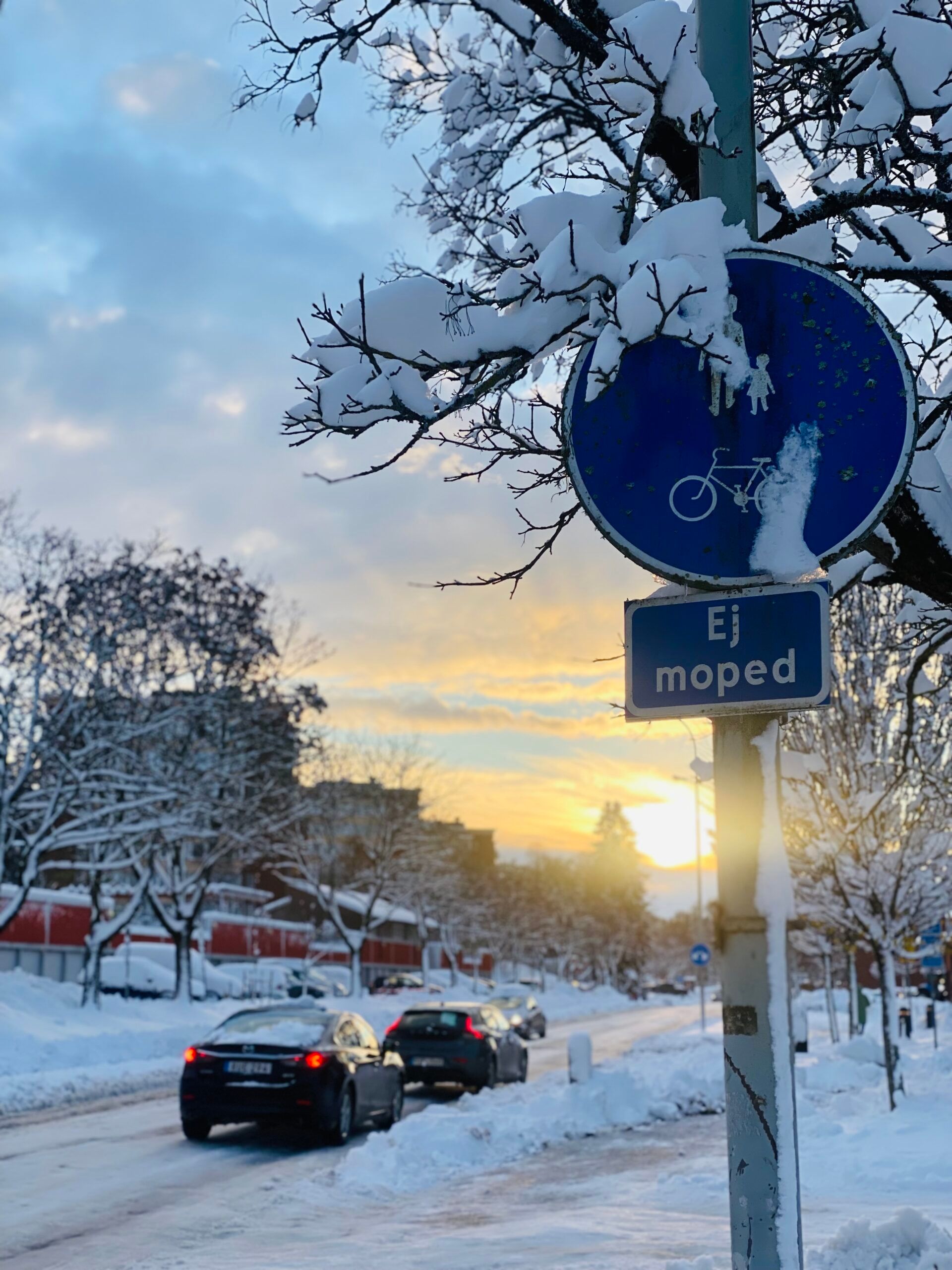 A road sign with cars driving down a snow-covered road in the background.