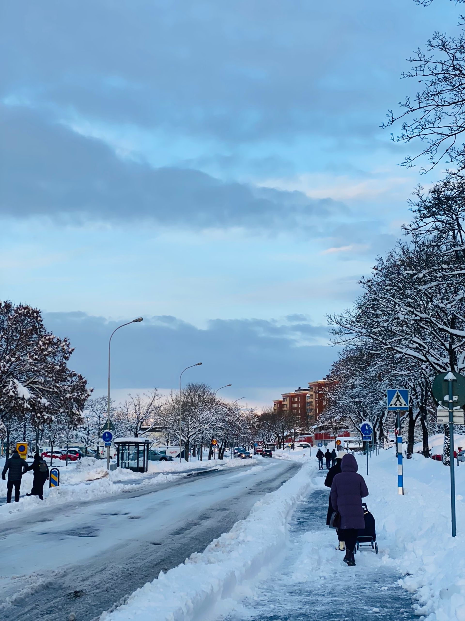 Pedestrians walking beside a road during winter.