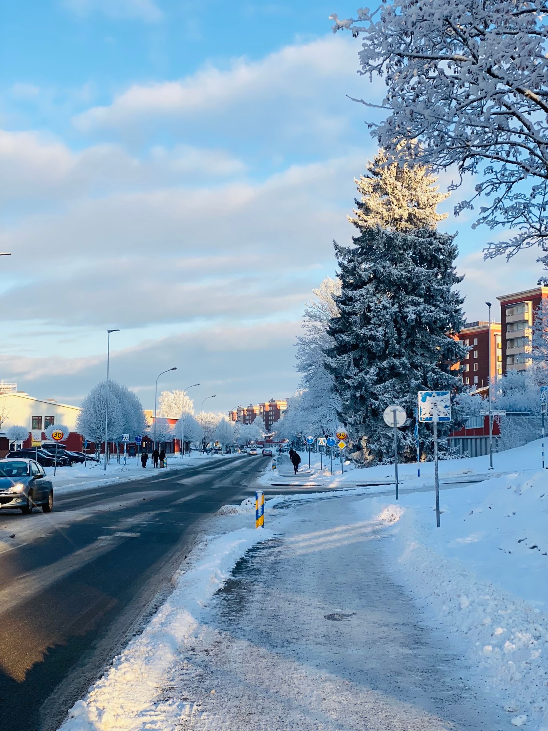 A road surrounded by buildings and trees during winter.