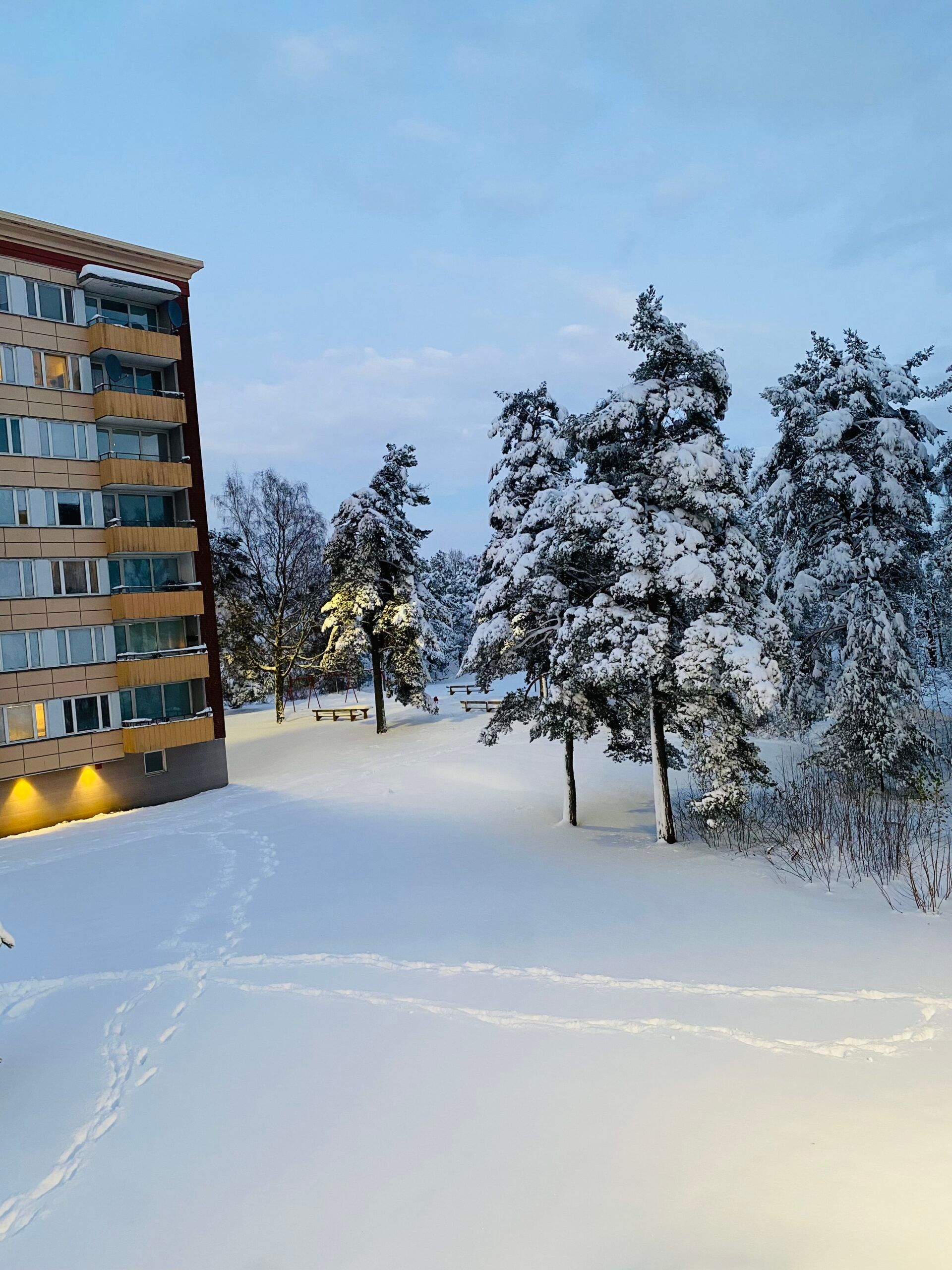 A view from an apartment window of a quiet neighbourhood after a snowy day.