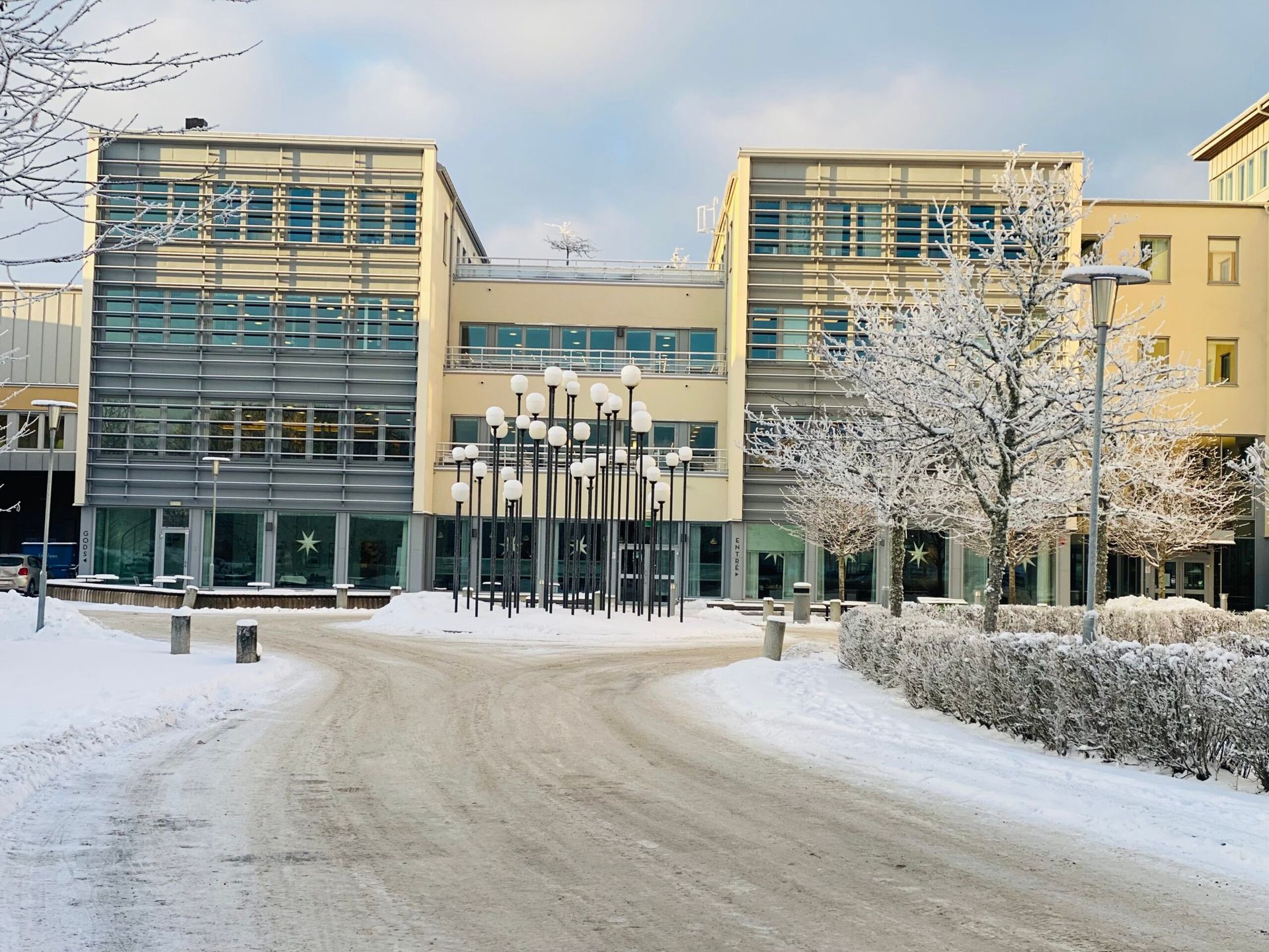 A view of University West during winter