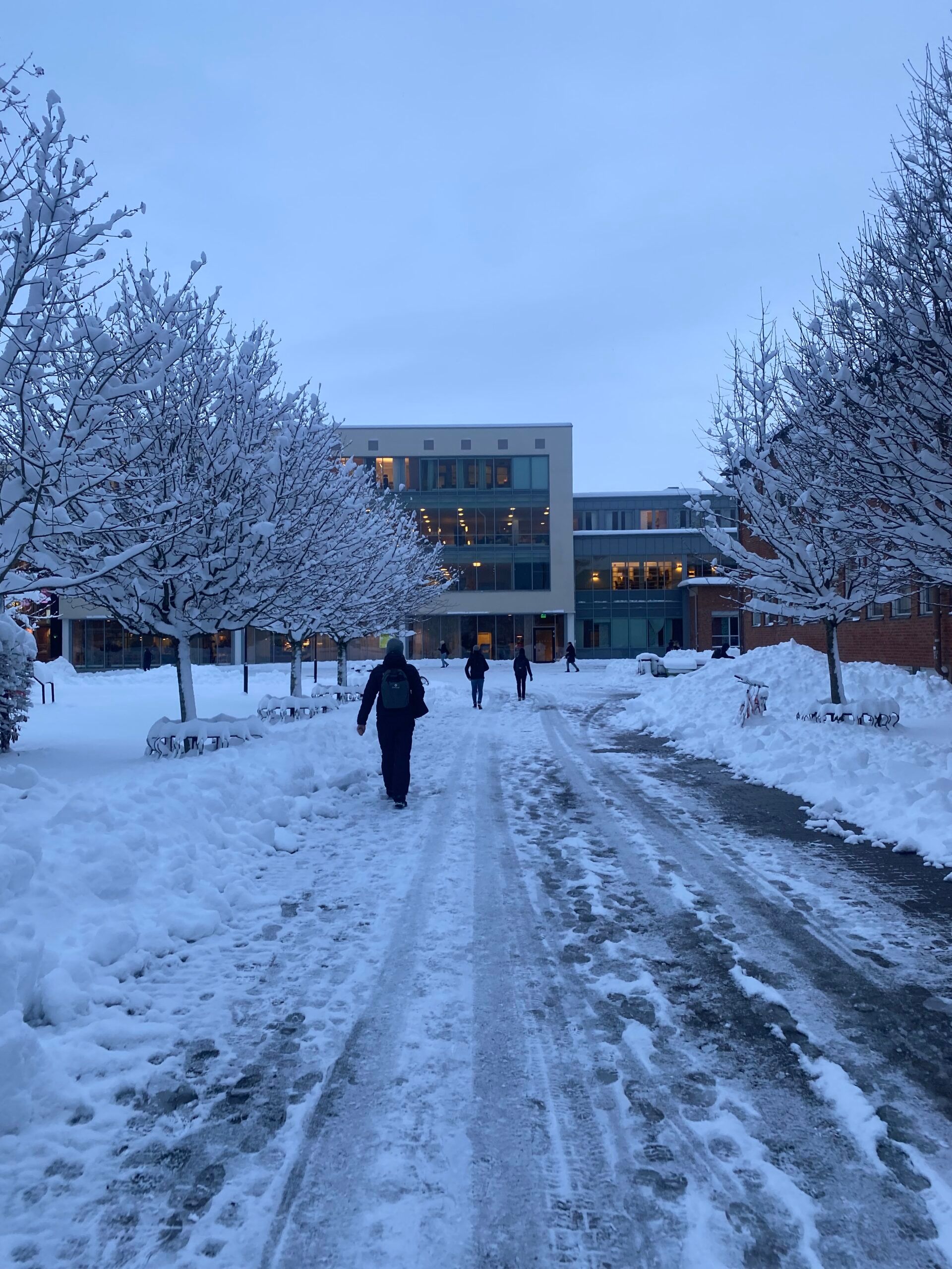 People walking towards University West during winter.