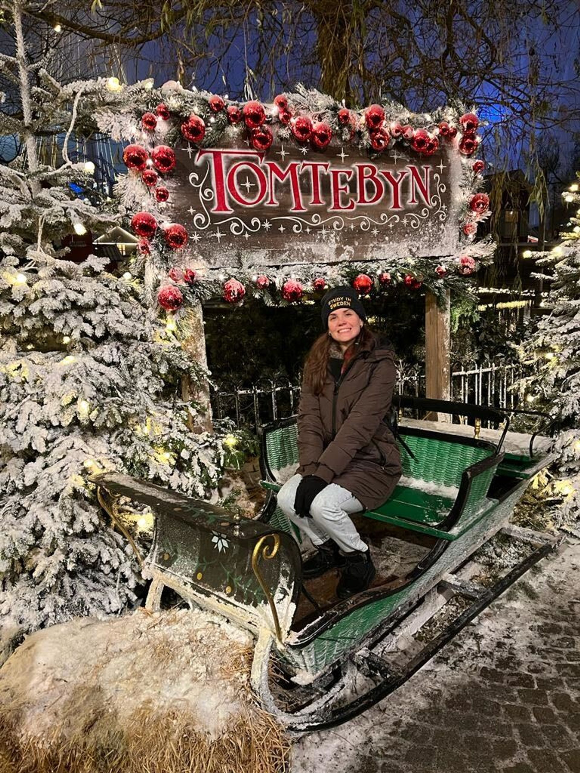 A woman sits in a sleigh beneath a festively decorated 'Tomtebyn' sign.