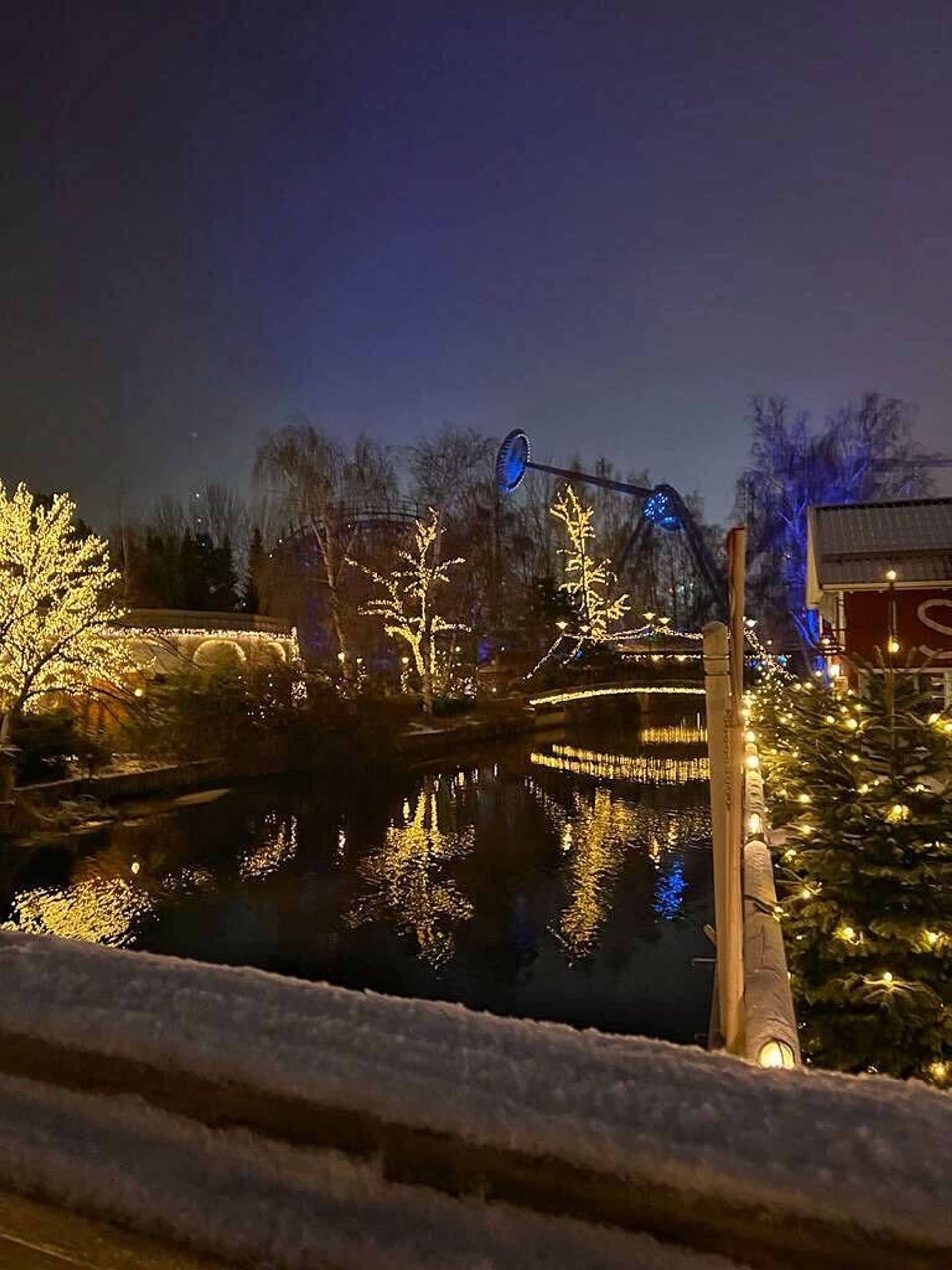 A river aglow with Christmas lights, with a carousel in the background.