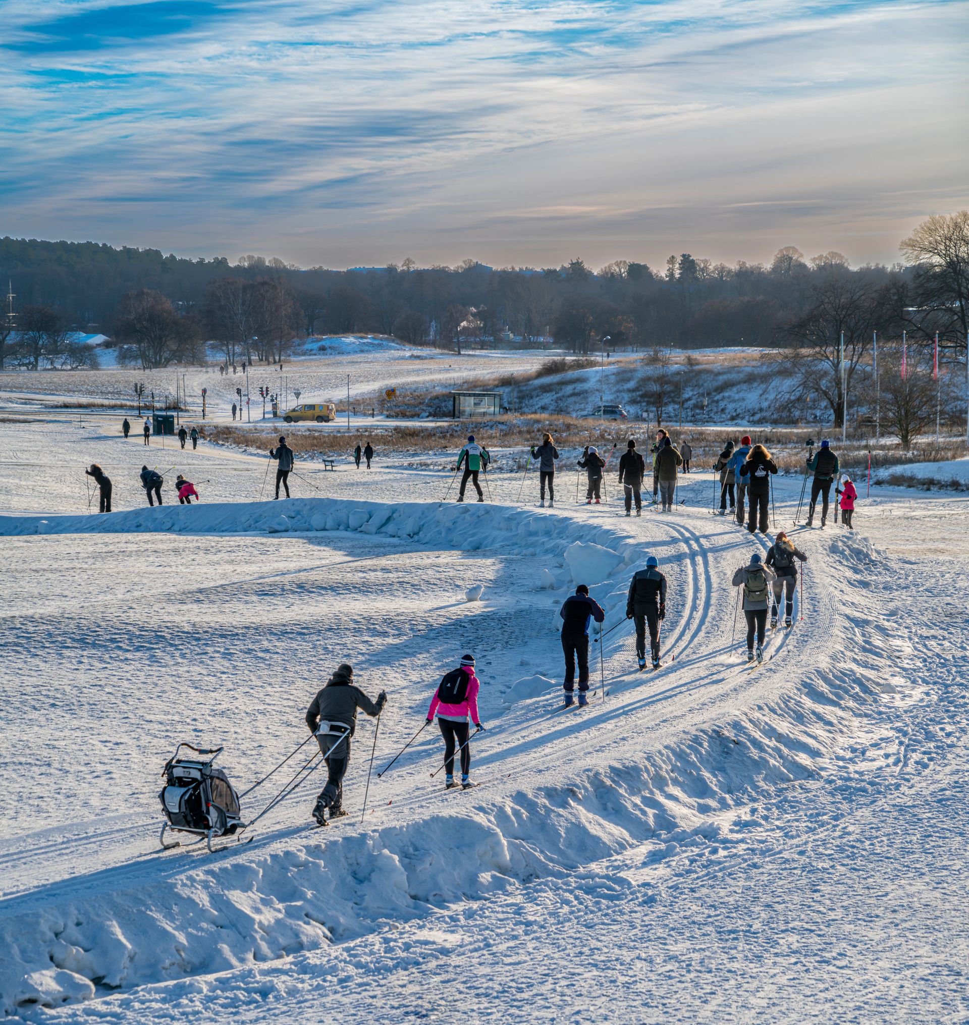 A group of cross-country skiers on a snow-covered trail winding through an open field.