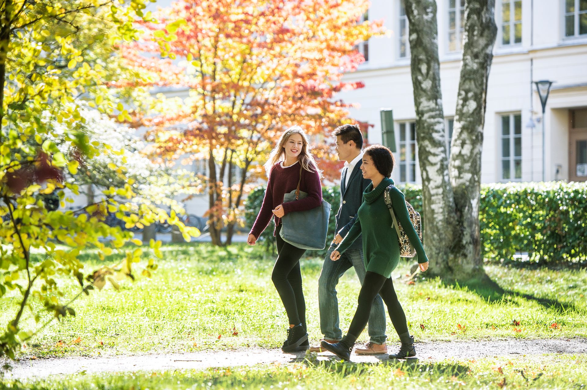 People happily walking down a path through a park.